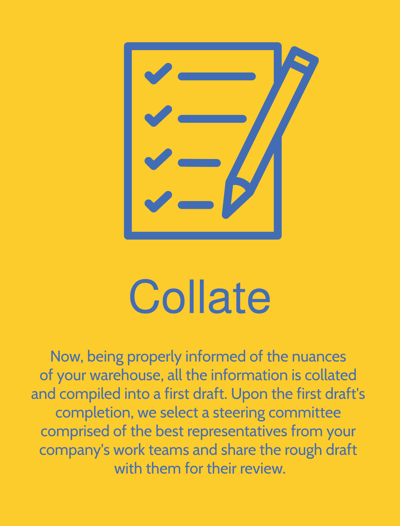 A yellow background with a blue icon of a checklist with checkmarks and a pencil, and the word 'Collate' written below.