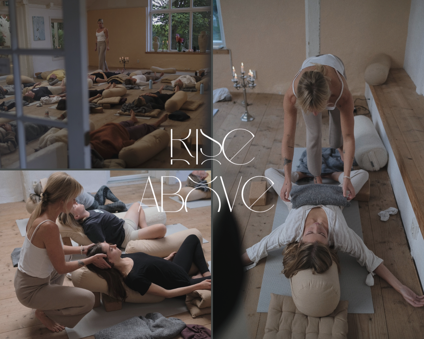 People participating in a yoga or meditation class, lying and sitting on mats and cushions, with a woman practicing Thai massage on another person in a spacious, well-lit room with large windows.