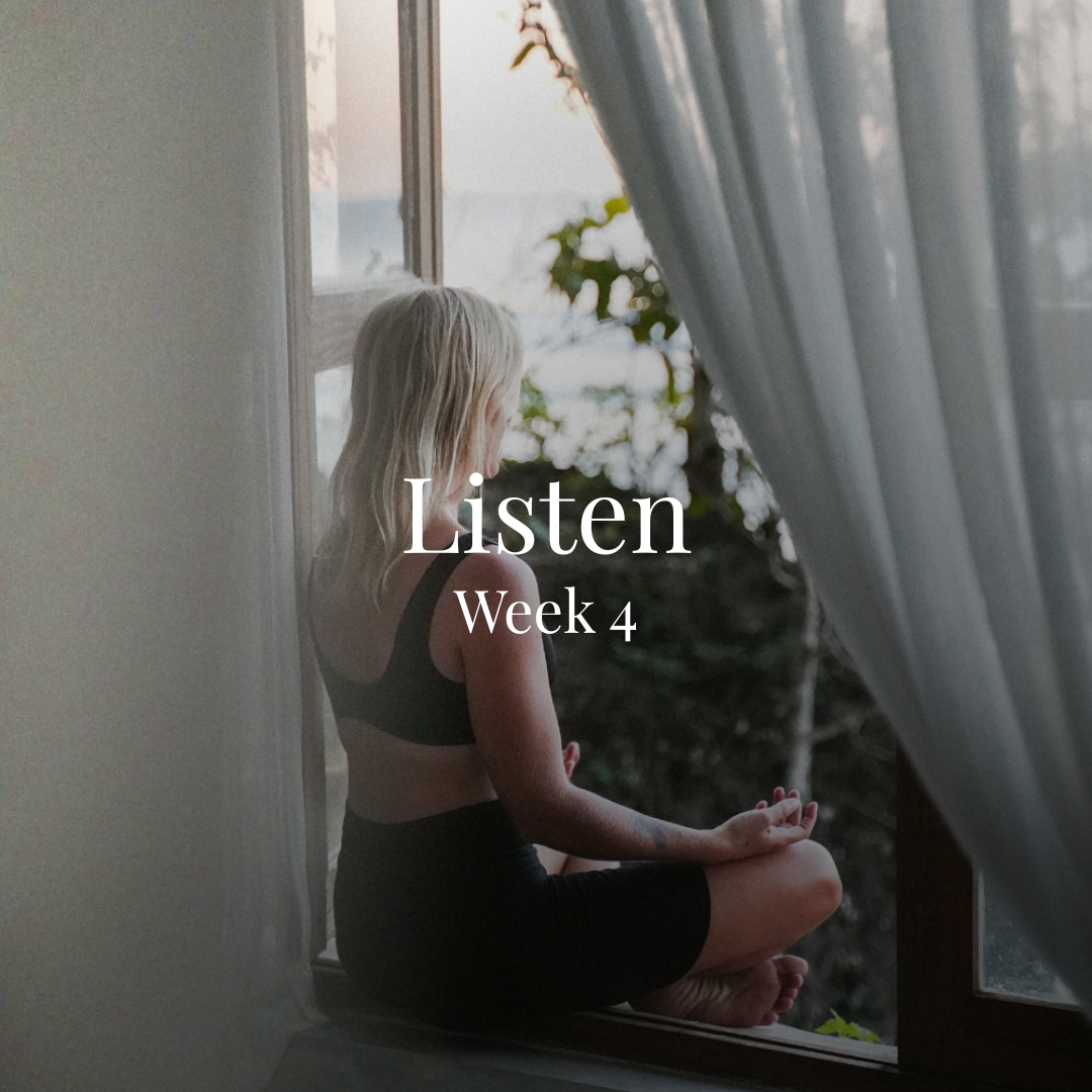 A woman with blonde hair sitting cross-legged on a windowsill, meditating outdoors at sunrise or sunset, with trees and foliage outside, and sheer curtains partially drawn to the side. The text overlay reads "Listen Week 4".