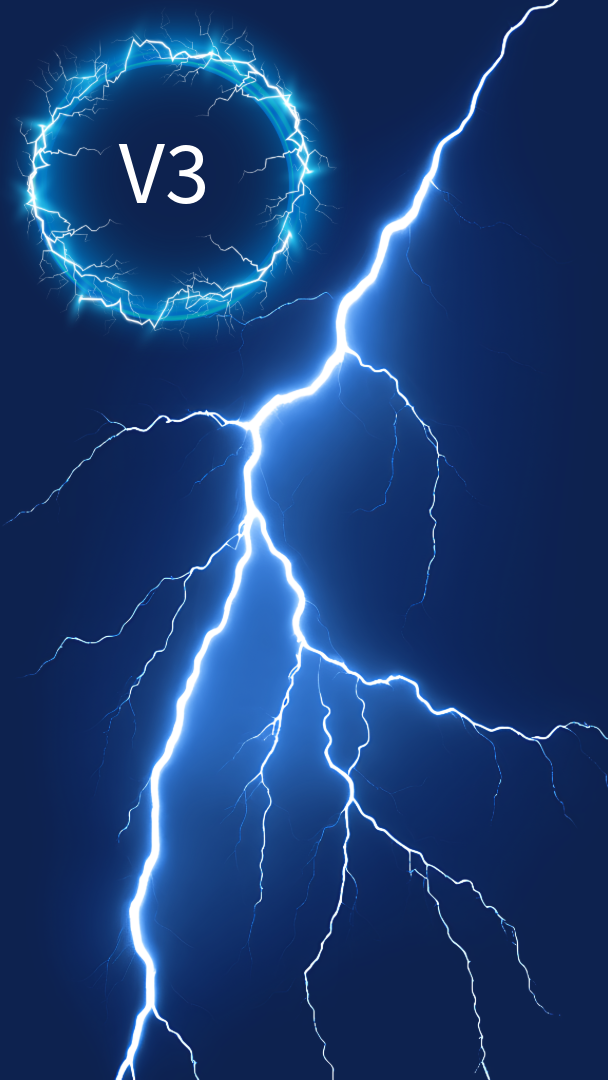 Lightning strikes with a dark blue sky background, and a circle made of lightning with the text 'V3' inside it.