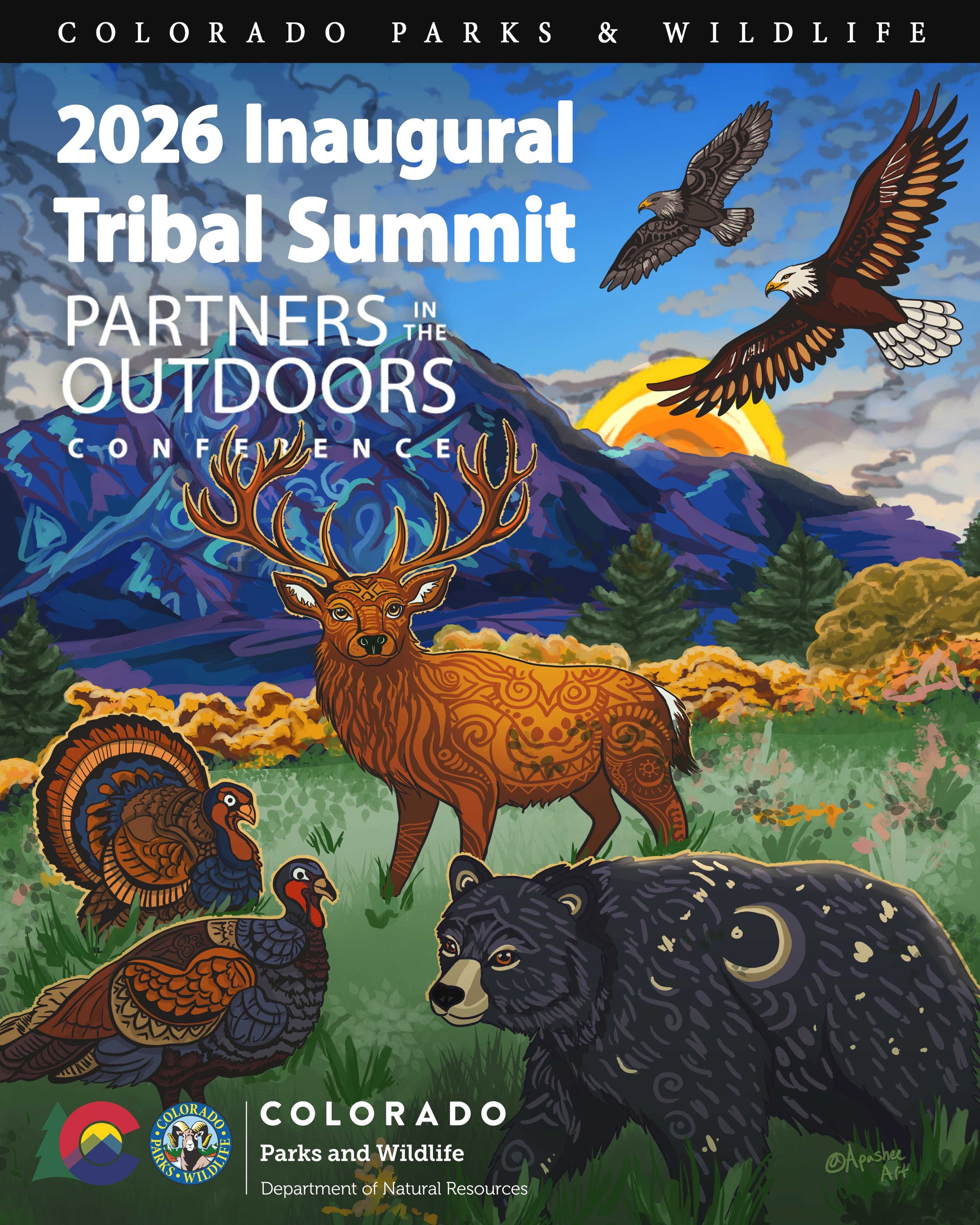 Colorful illustration of wildlife in Colorado featuring mountains, trees, and sunset, with animals including an elk, a bear, a turkey, a hawk, and an eagle, promoting the 2026 Inaugural Tribal Summit Partners in the Outdoors Conference organized by Colorado Parks & Wildlife.