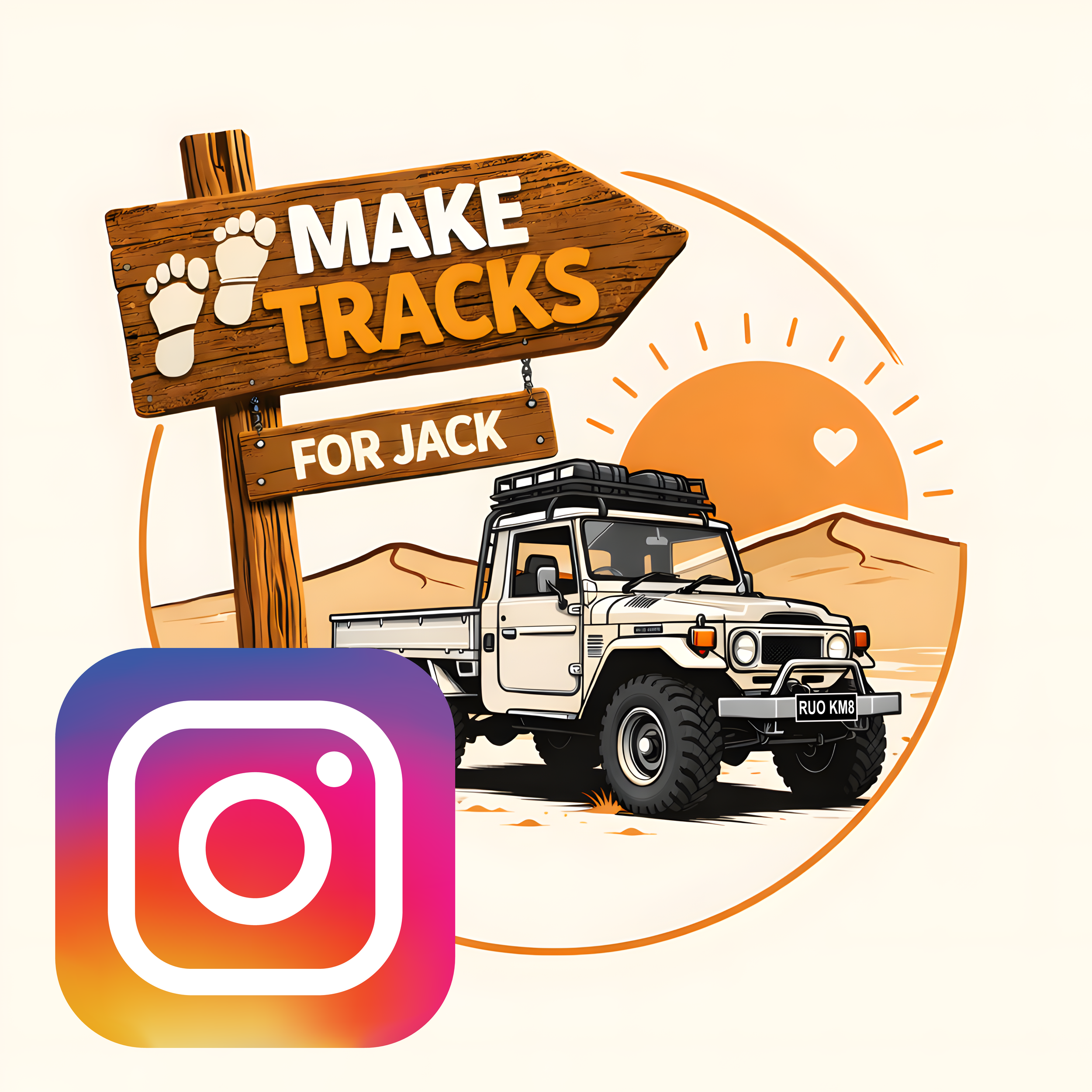 Illustration of a desert scene with a white off-road vehicle and a sunset in the background. A wooden sign reads 'Make Tracks for Jack' with a smaller sign underneath. An Instagram logo is in the lower left corner.