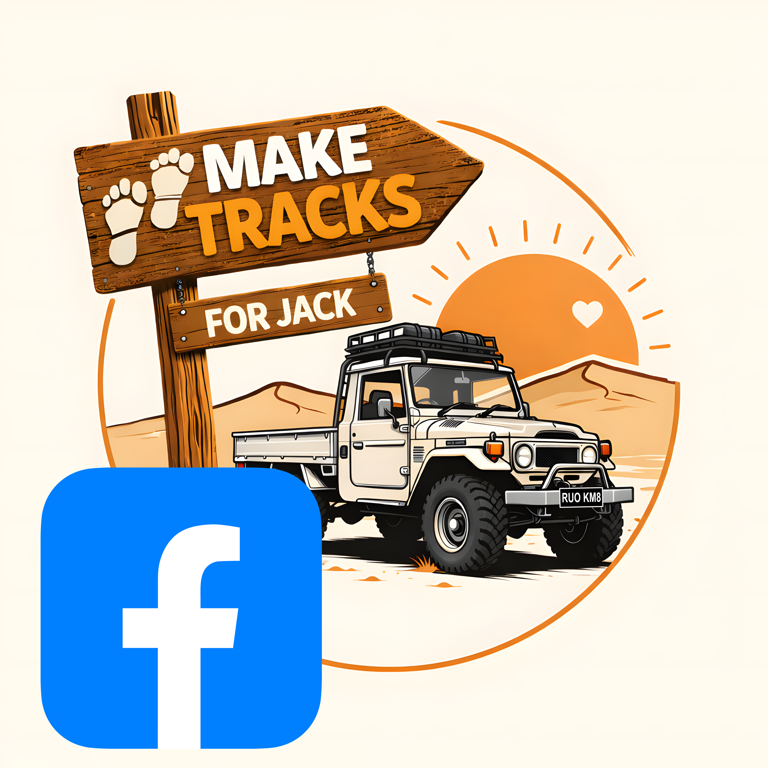 Illustration of a white off-road truck in a desert landscape with mountains and the sun setting in the background. A wooden sign reads 'Make Tracks for Jack' with footprints. A large blue Facebook logo is in the bottom left corner.