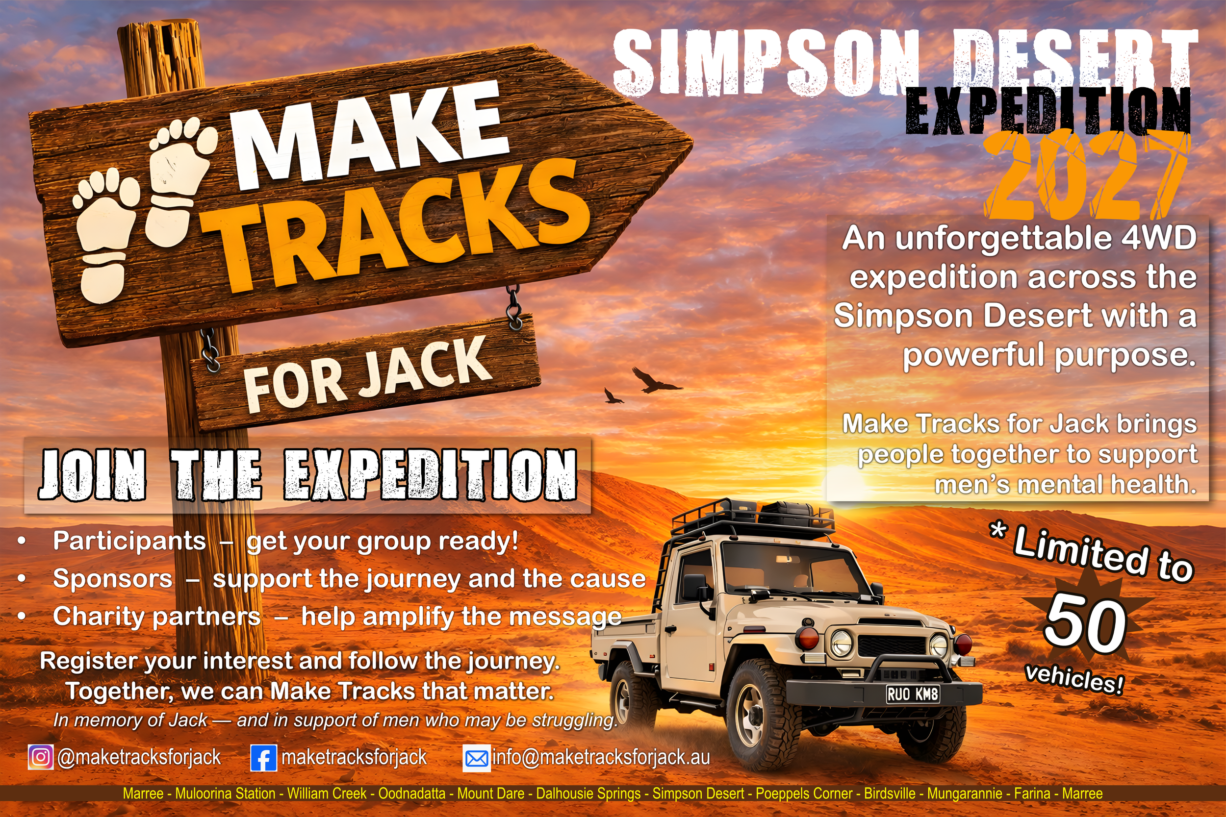A promotional poster for the Simpson Desert Expedition 2027 features an orange sunset over desert dunes, with a white off-road vehicle. The poster has a wooden sign with footprints and the words "Make Tracks for Jack" promoting a 4WD expedition supporting men's mental health, limited to 50 vehicles. Text includes event details, participation encouragement, sponsorship, charity partners, and social media/contact info.