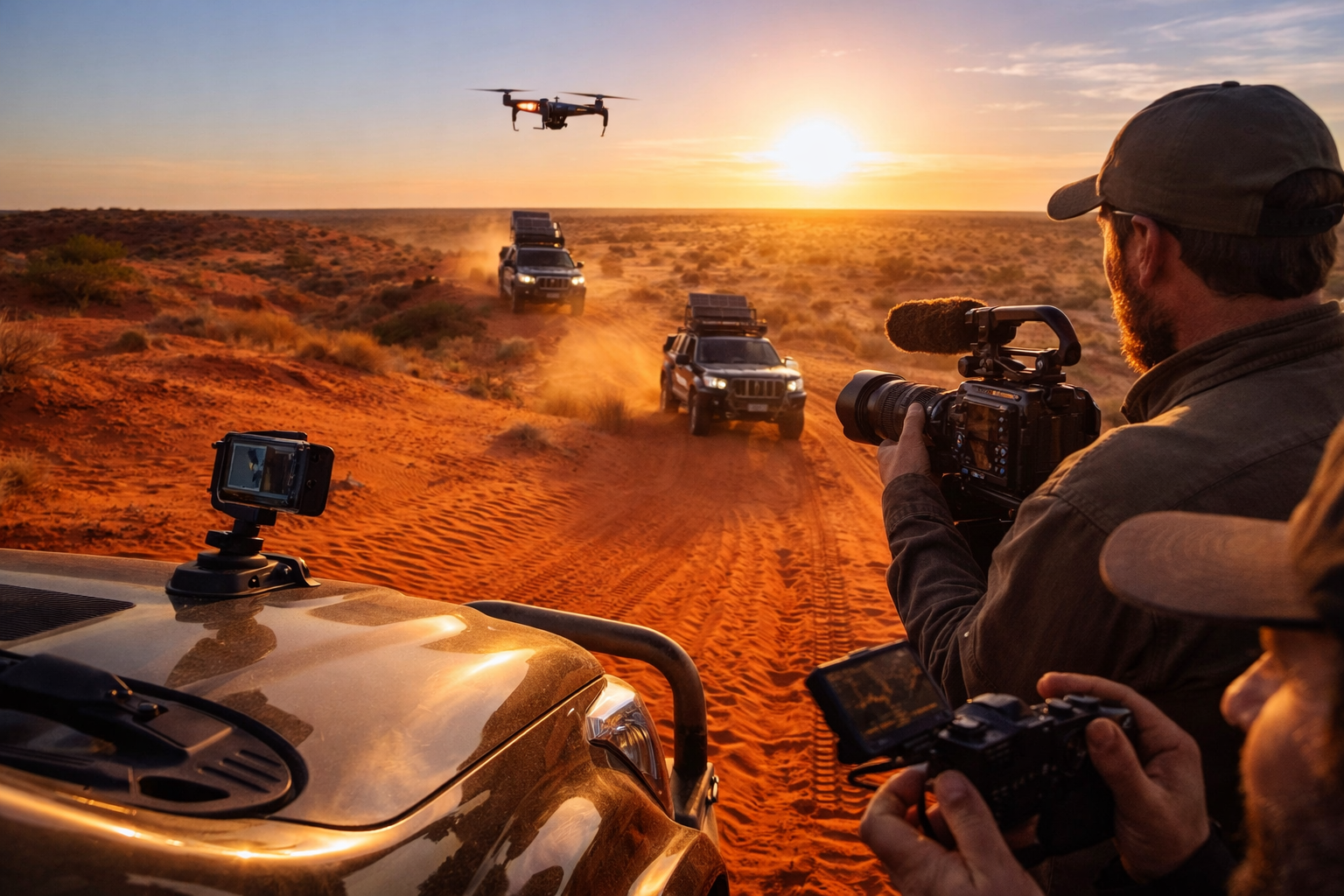 A person filming with a professional camera during a desert sunset, with three off-road vehicles and a drone in the air.