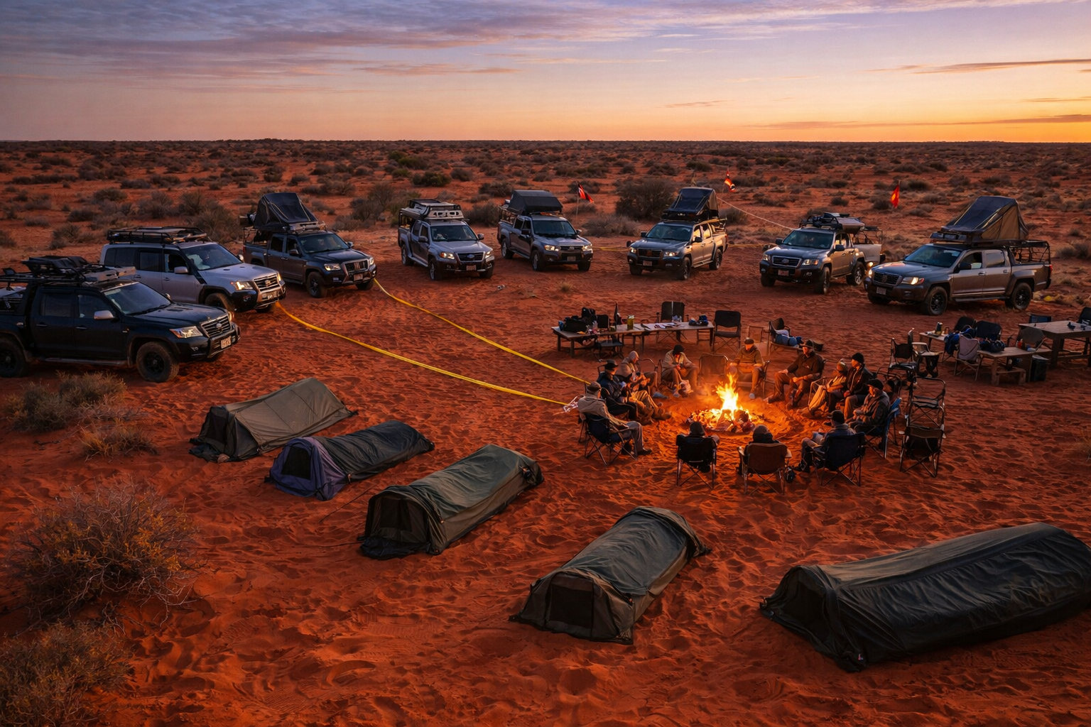 A group of people camping in the desert during sunset, sitting around a campfire with tents and multiple SUVs parked nearby.