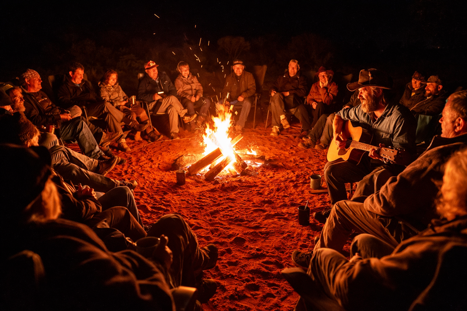 Group of people around a campfire at night, some sitting on chairs, one playing guitar, others singing and enjoying the warmth and company.