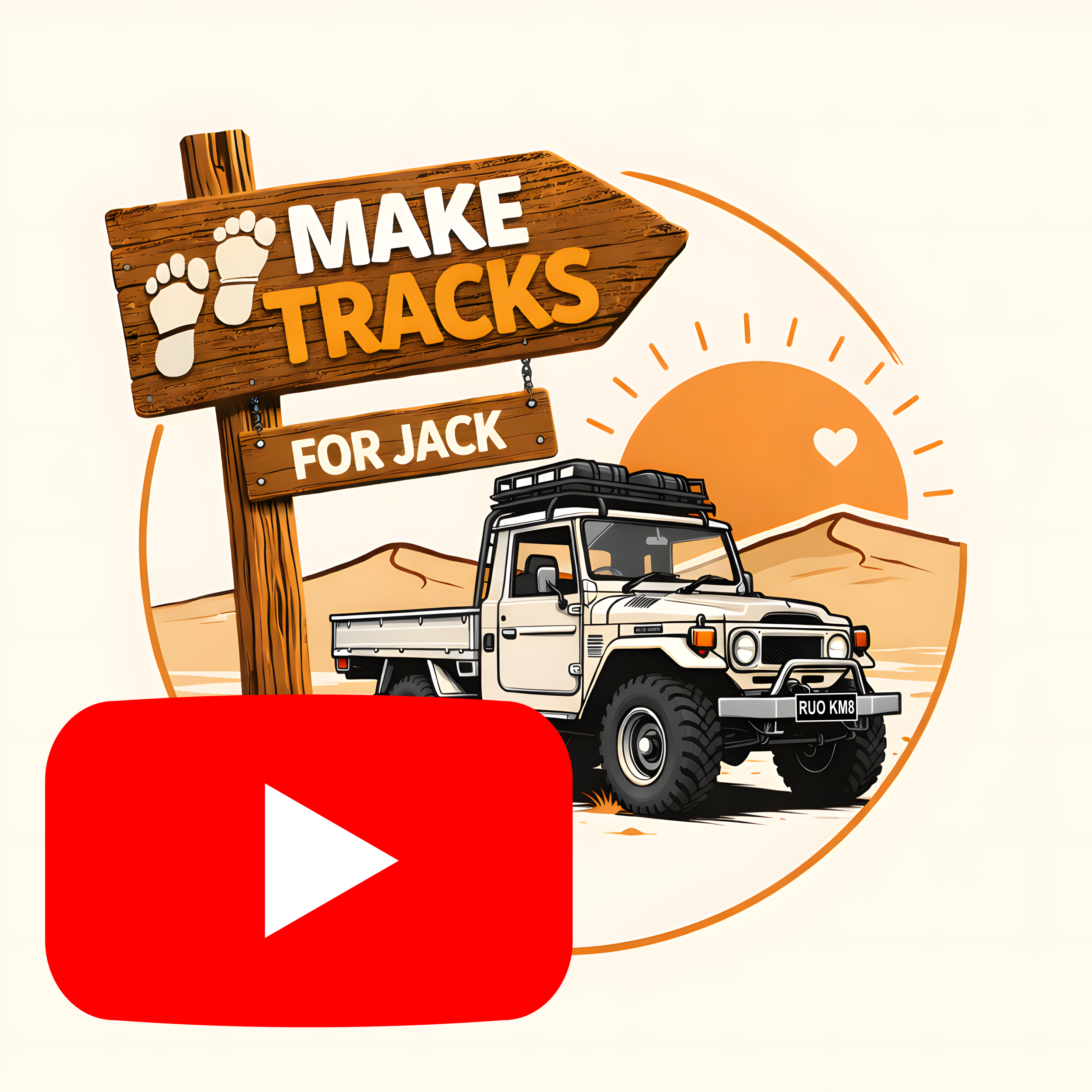 Illustration of a classic off-road vehicle with a roof rack in a desert landscape during sunset, with a wooden sign that reads "Make Tracks for Jack" and a heart symbol, and a large red play button overlay.