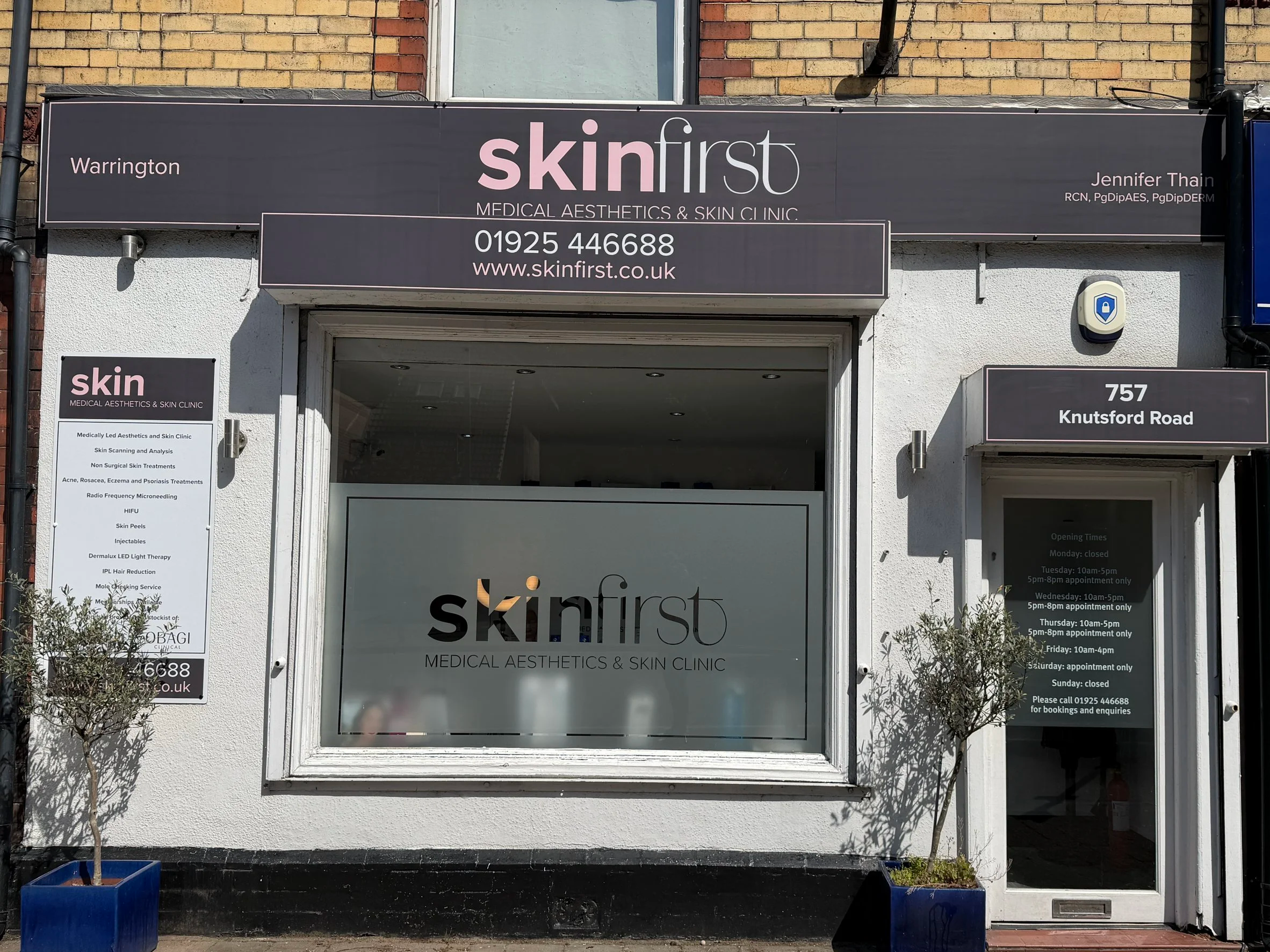 SkinFirst Medical Aesthetics & Skin Clinic shopfront on Knutsford Road, Latchford, Warrington