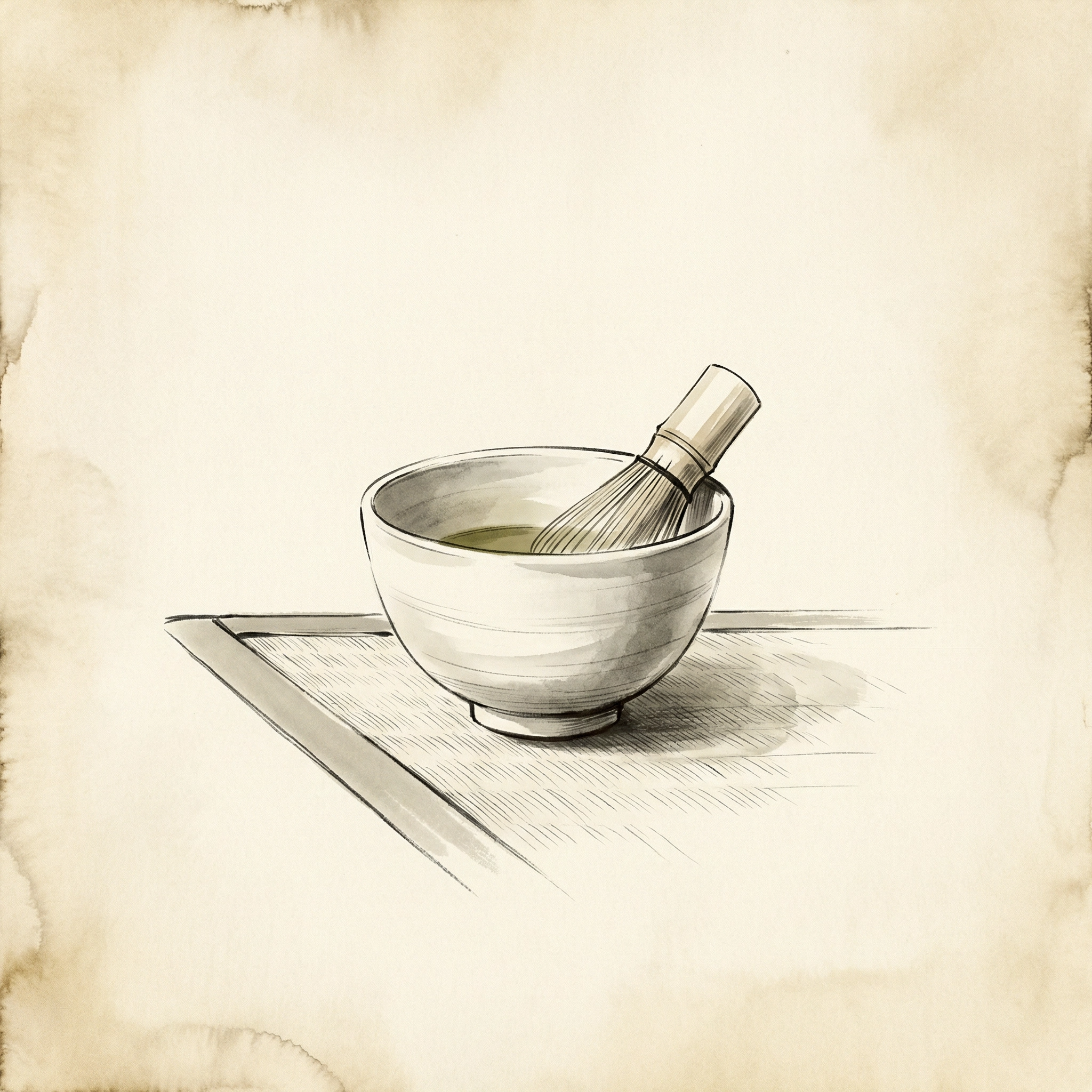 湯気の立つ碗の中に竹の泡立て器が入っているイラスト