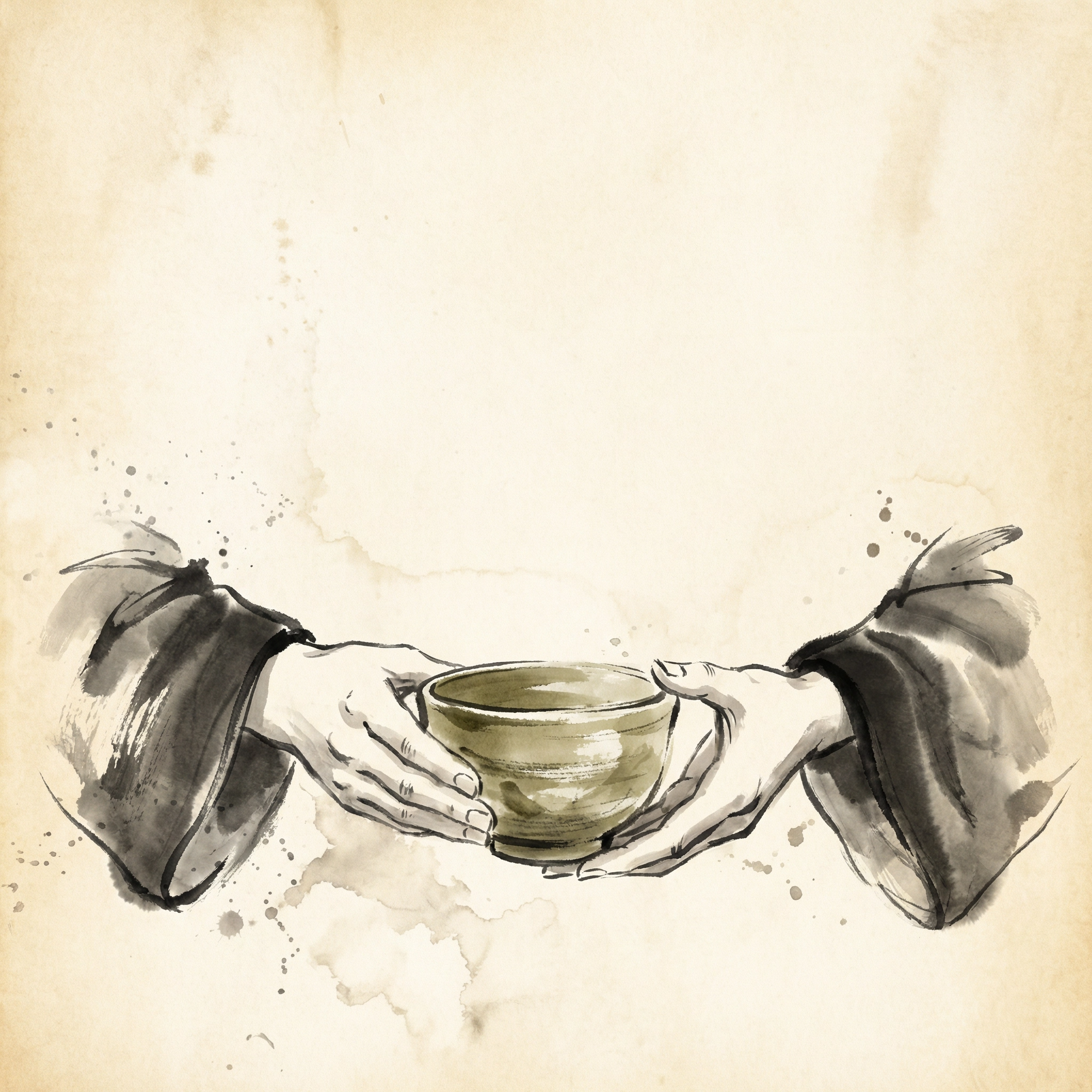 二人の手が茶碗を渡し合っている水墨画風のイラスト