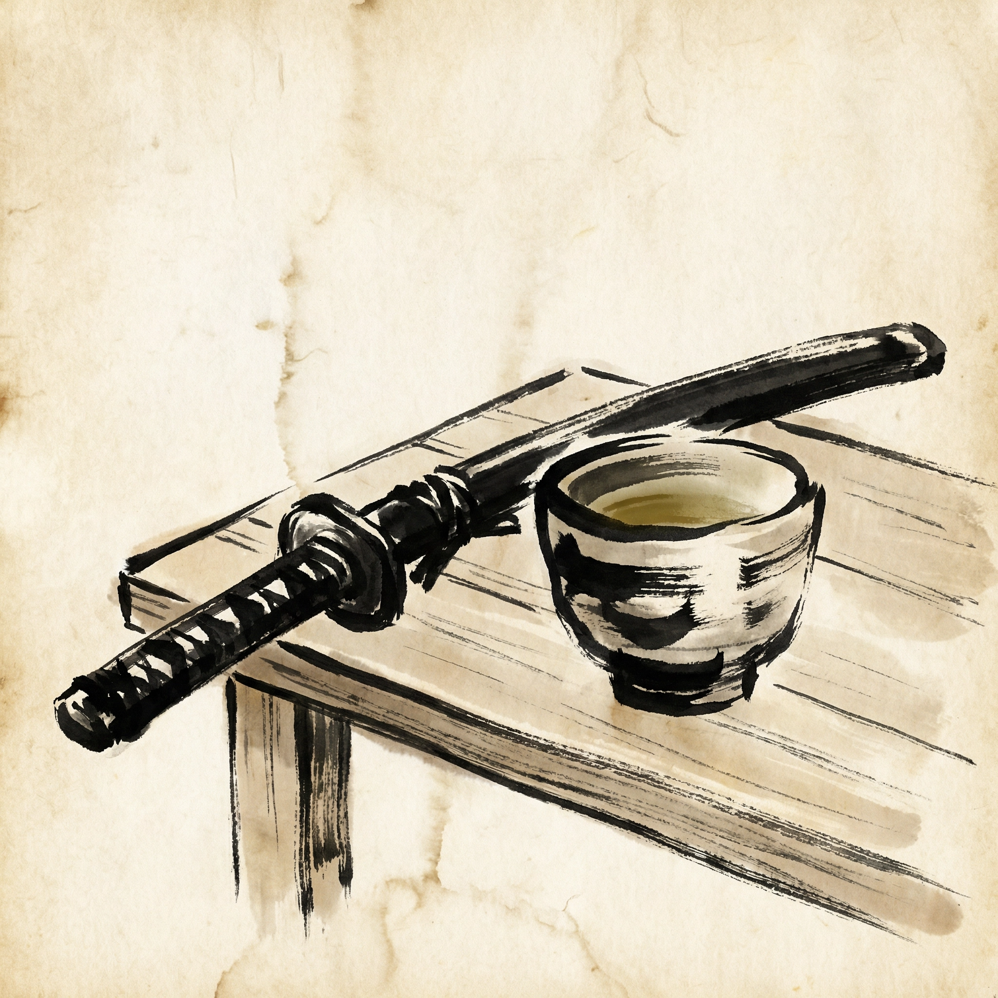 茶碗と刀が置かれた木製の机の絵画風の画像