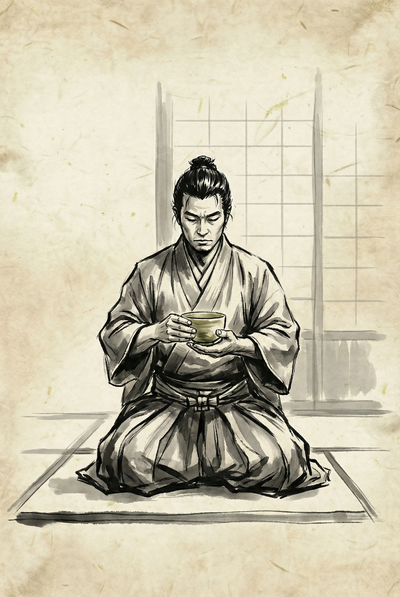 和服を着た男性が畳の上で膝をつき、茶碗を持っています。背景には障子の窓があります。