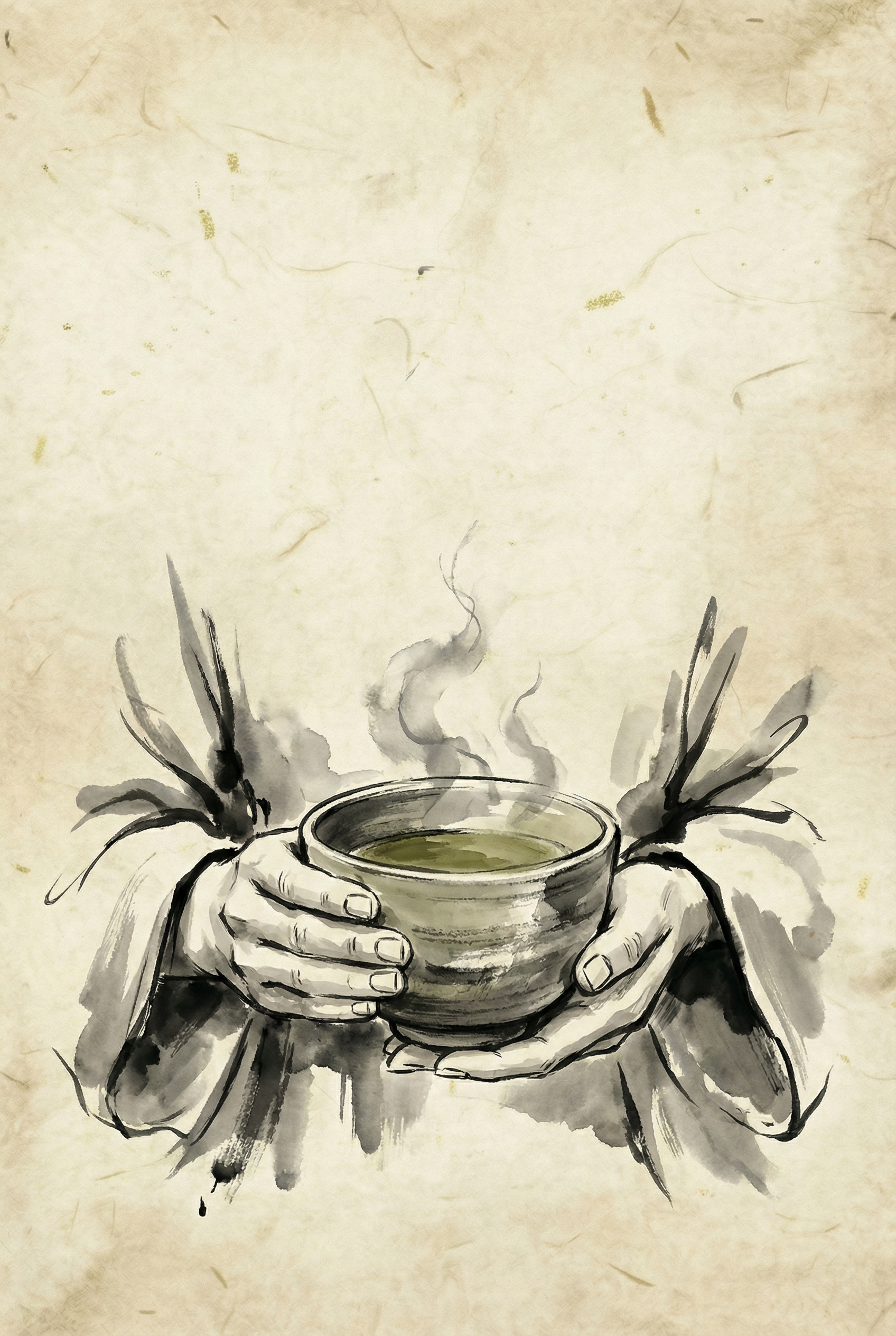 お茶を持つ手と茶碗、蒸気が立ち上る日本風の墨絵のイラスト