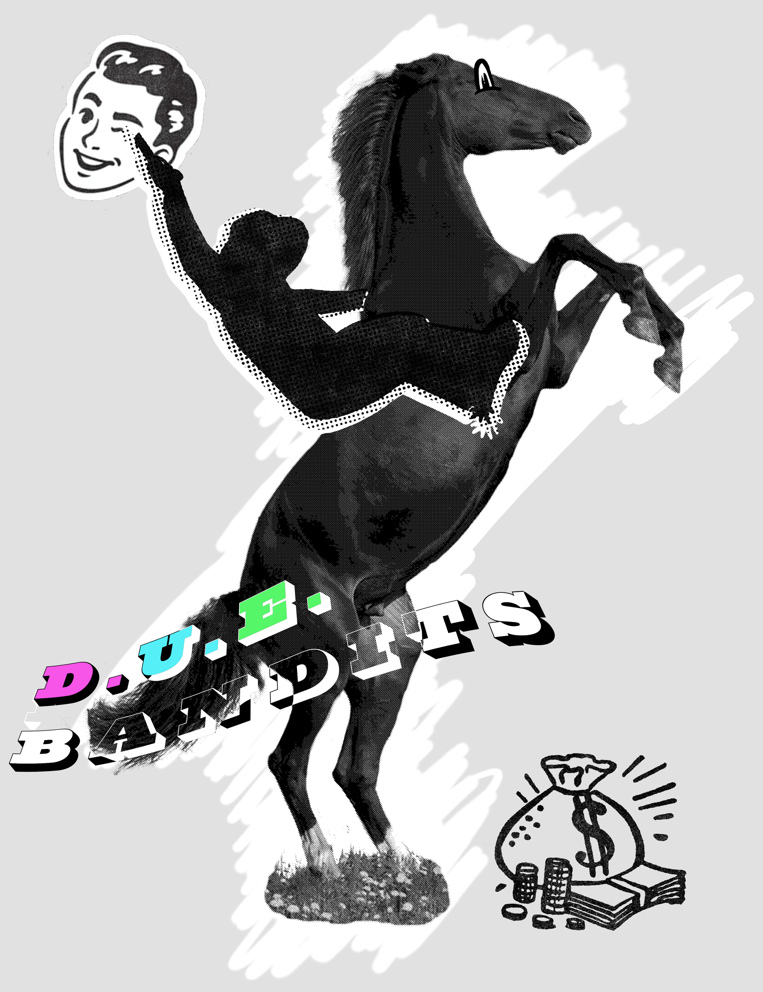 Black and white illustration of a horse with a cartoon head, holding a card game piece in its mouth. The horse is standing on a small patch of grass and has a cartoon hand holding a bag of money with dollar signs, coins, and paper bills.