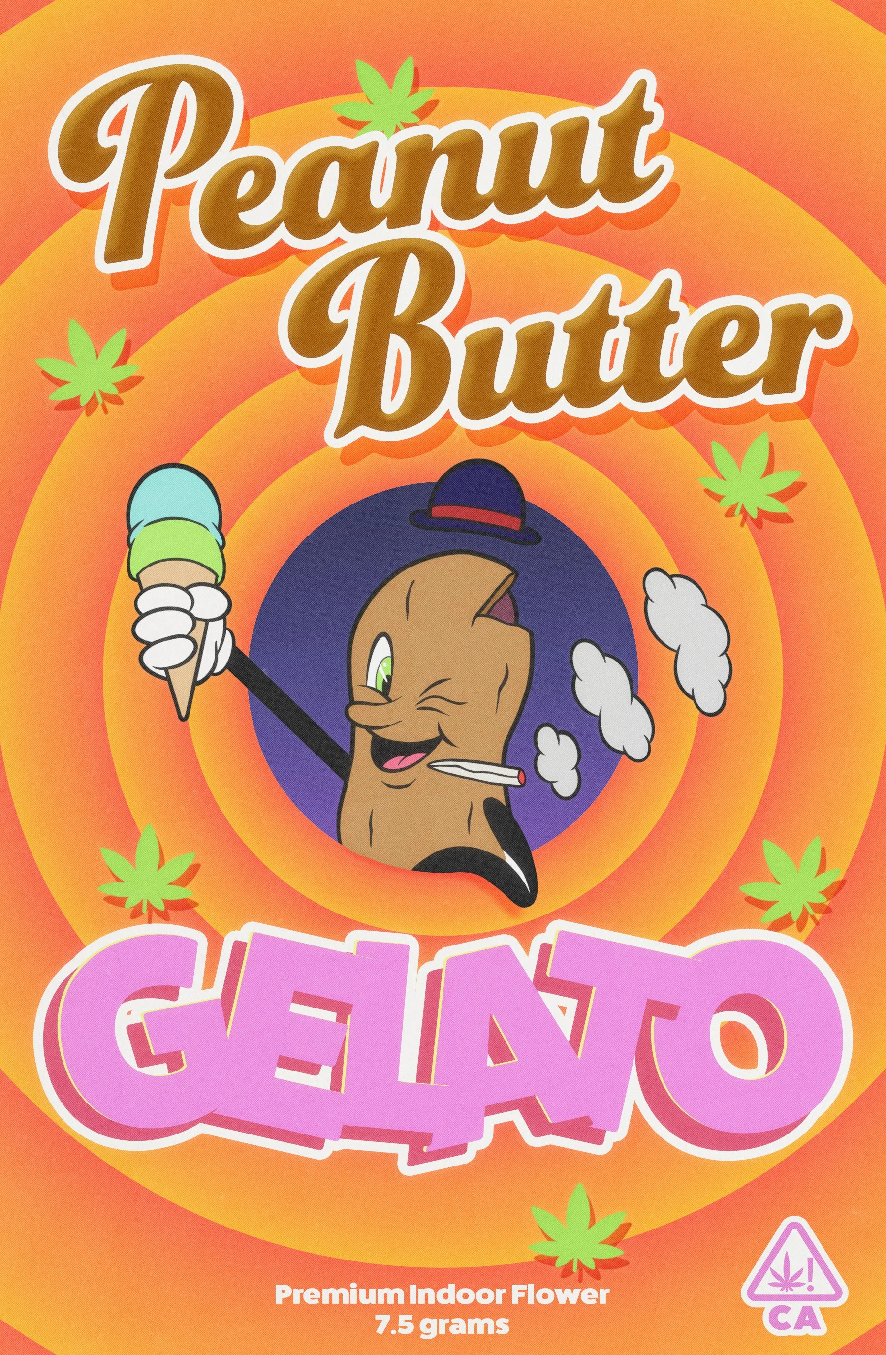 Colorful packaging of a product called 'Peanut Butter' with cartoon illustrations of a cartoon peanut character holding an ice cream cone, wearing a hat, winking, and smoking a cigarette. The package has marijuana leaves and a CA cannabis warning tri