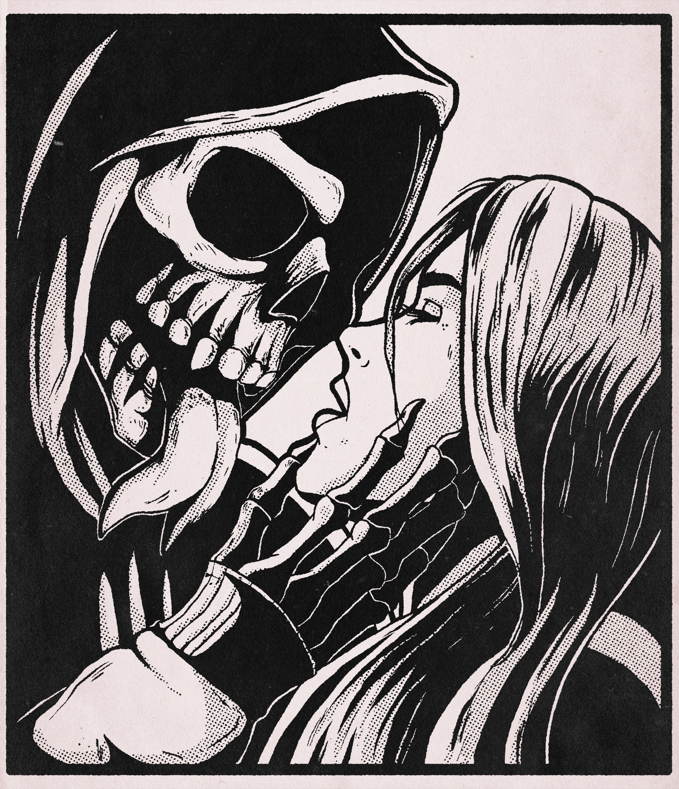 Comic-style black and white illustration of a skeleton with a hood, gently kissing a woman with long hair.