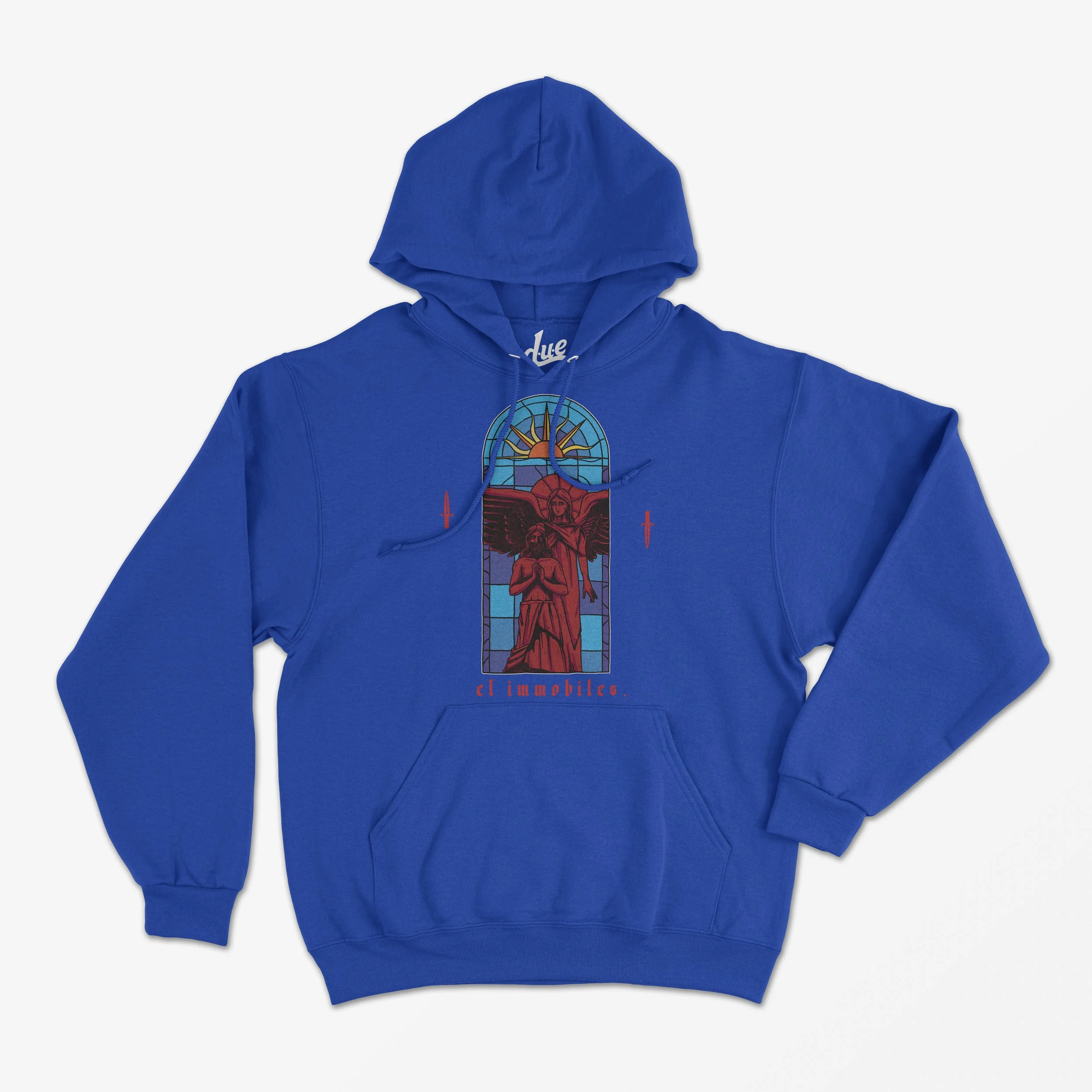 A blue hoodie with a graphic of a stained glass window and the words 'el inmueble' printed on it.