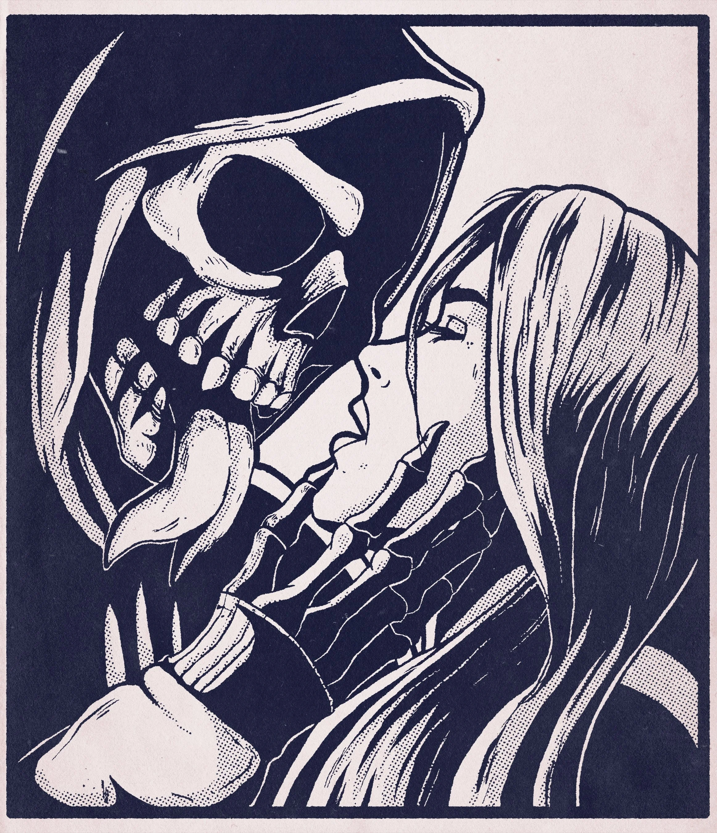 A black and white illustration of a skeleton with a woman's face, holding her face with one hand, with geometric lines and patterns.