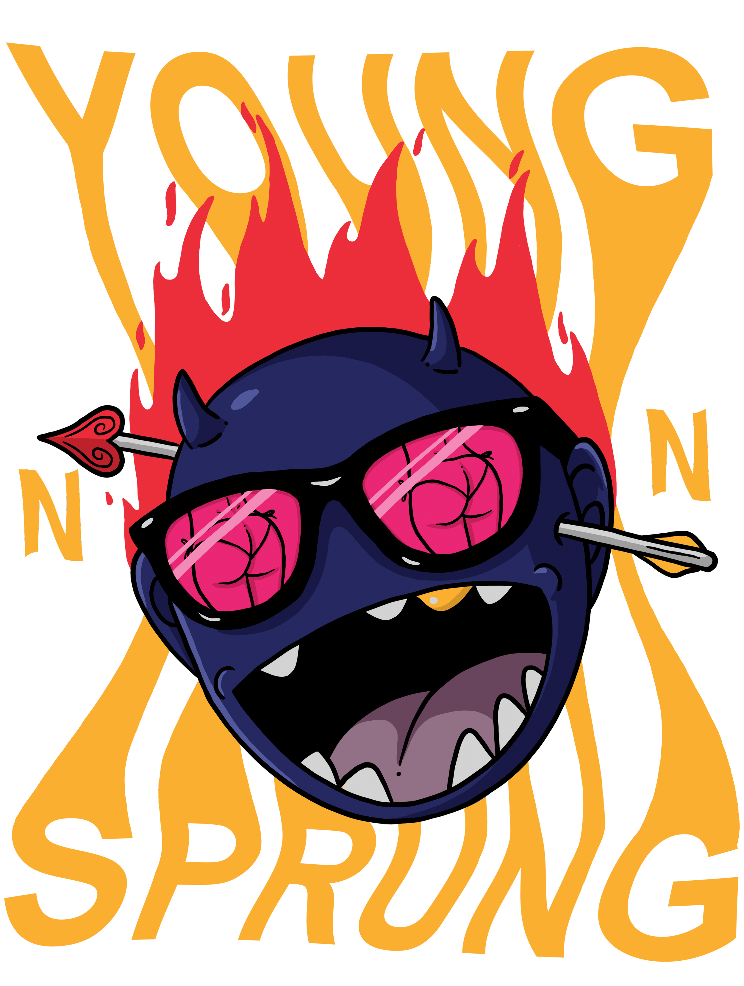 Graphic design with a cartoon-style blue monster wearing sunglasses, with pink eyes and sharp teeth, screaming or roaring, surrounded by flames, and the words "YOUNG AND SQUADING" in large yellow text in the background.