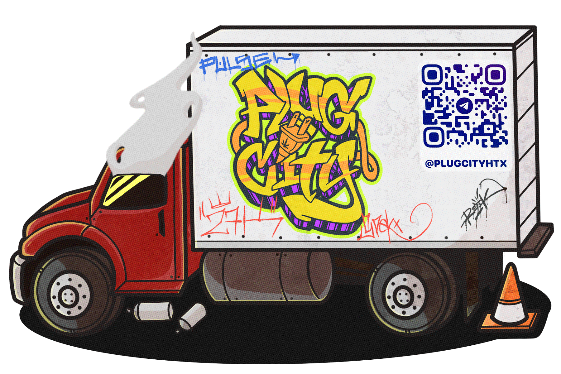 Graffiti art on a white delivery truck featuring colorful letters and a spray paint can with a marijuana leaf. The truck has orange construction cones nearby and a QR code on the side.