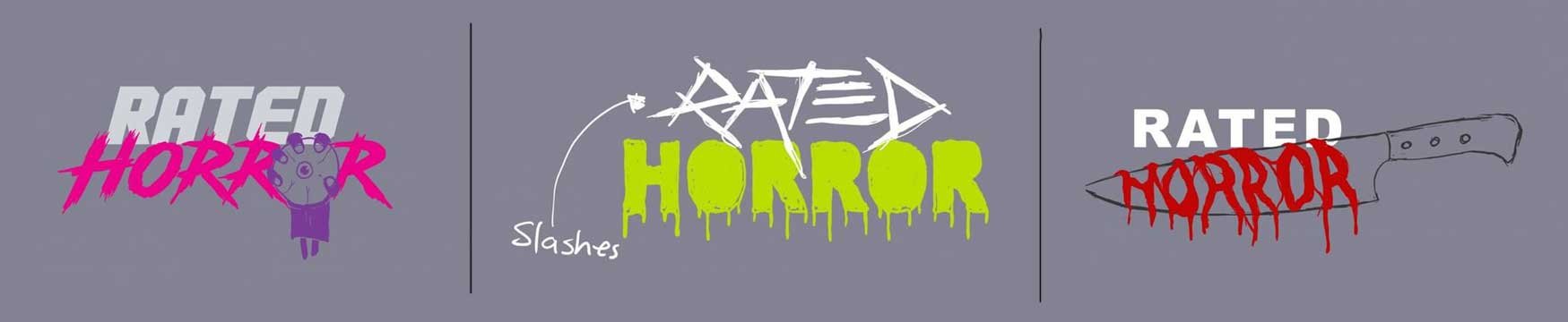 Comparative styles of horror ratings: a purple cartoon character with pink 'HORROR' text, a dripping green 'HORROR' graffiti with slashes, and a bloody red 'HORROR' text on a knife.
