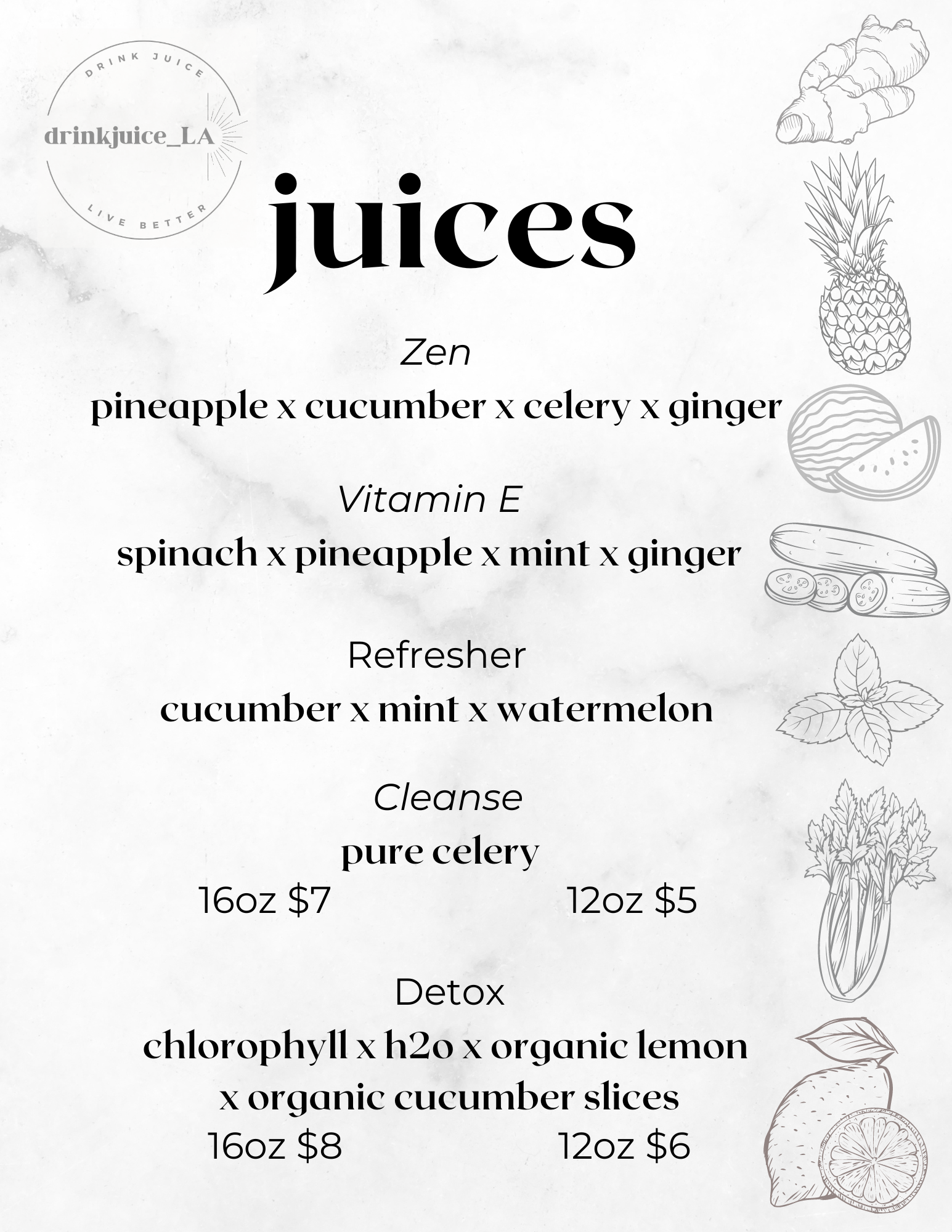 A menu displaying different juices, detox drinks, and their prices, with illustrations of fruits and vegetables on the right side.