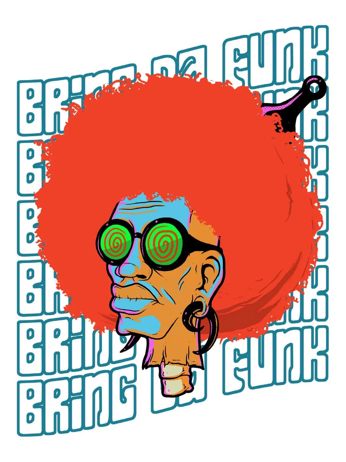 Artwork of a woman with large red afro hair, wearing round sunglasses with green spirals, a large earring, and a small tattoo on her neck. The background features repeated blue text that says "BRING BACK THE FUNK."