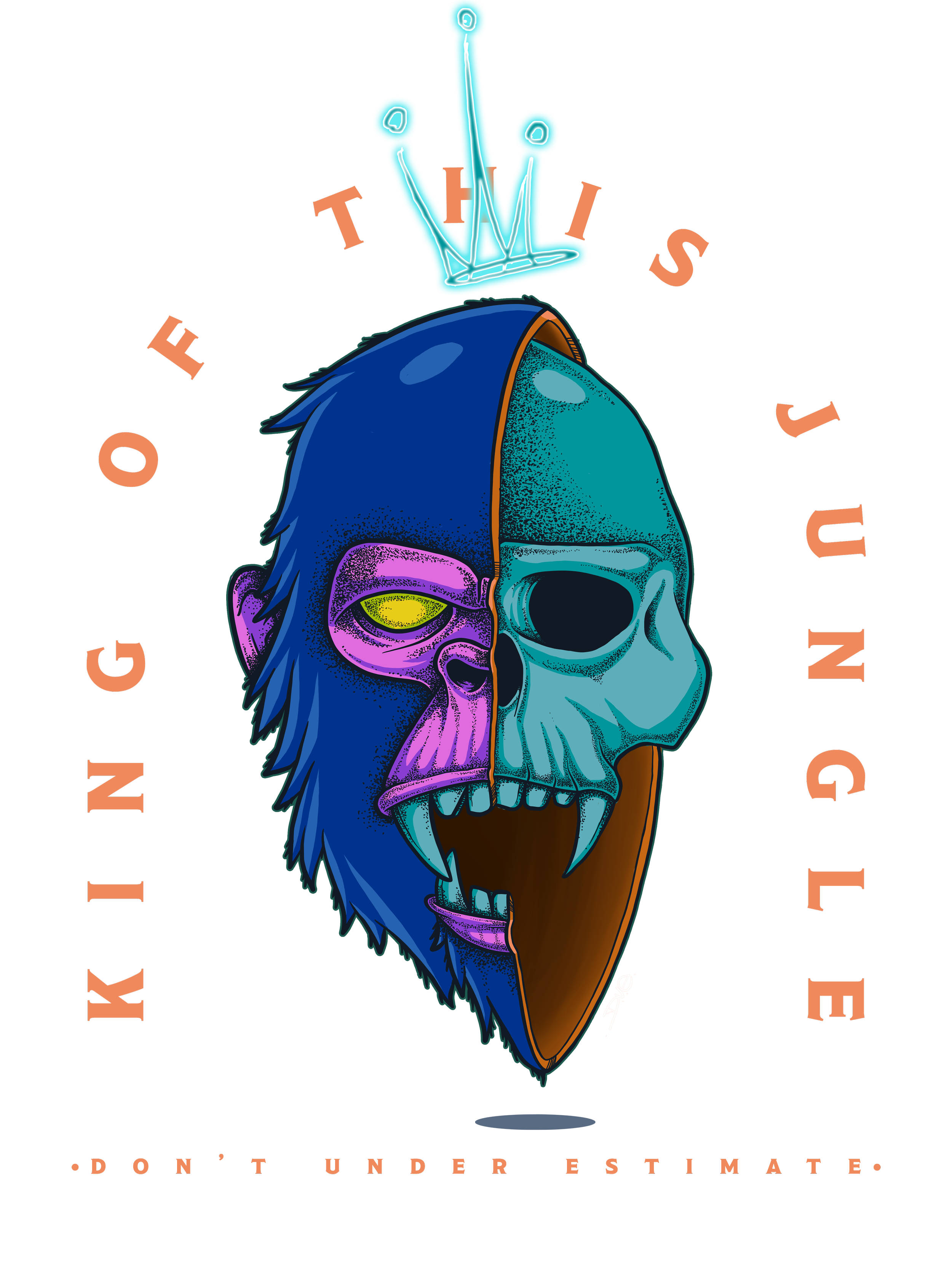 Digital artwork illustrating a split face with a blue skull on the right and a colorful monstrous face on the left, with scattered letters spelling out words like "KNOCK" and "UNDERSTIMATE" in a chaotic design.