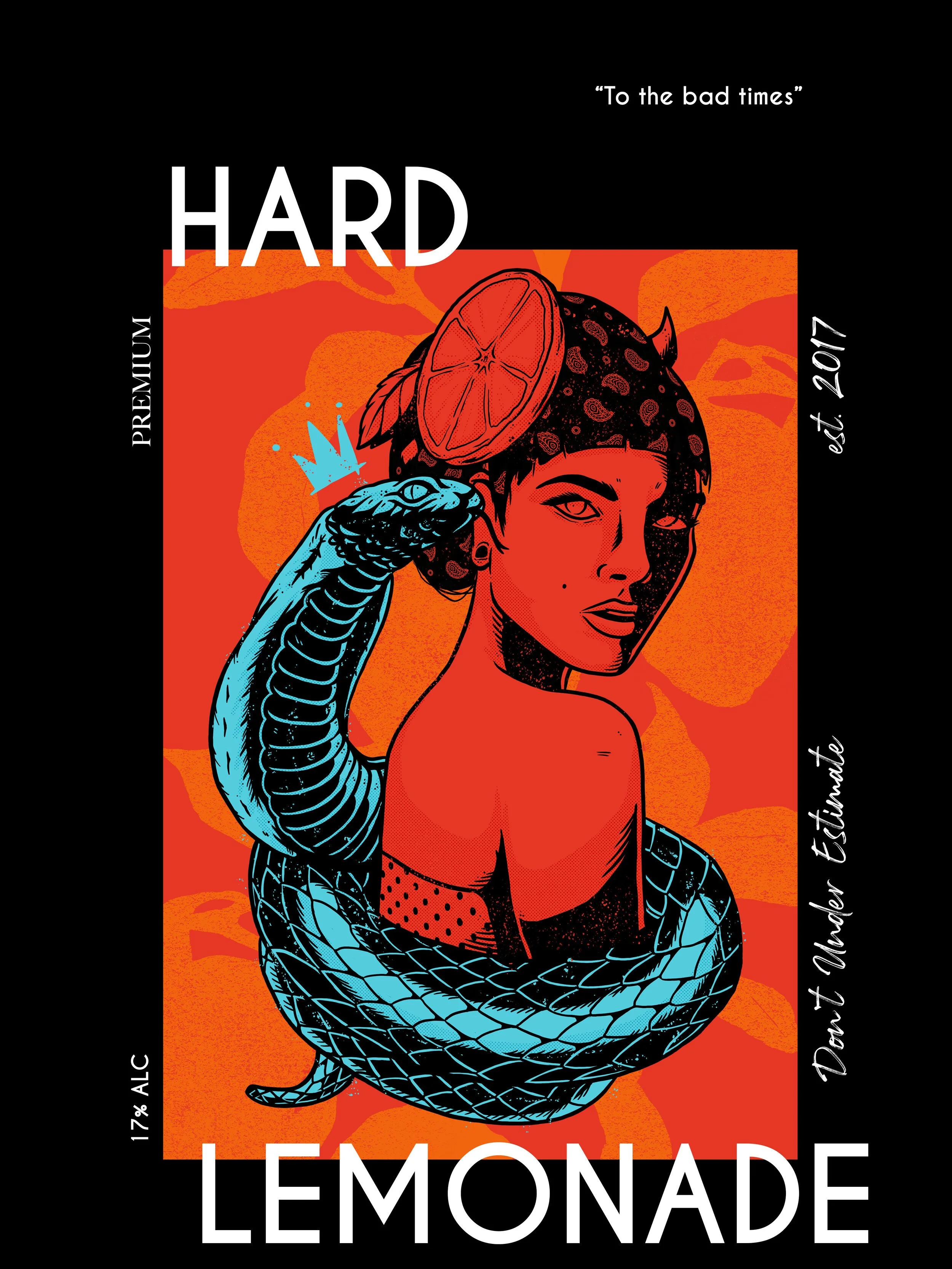 A graphic design with a woman holding a lemon and a snake coiled around her neck. The background is orange with abstract patterns. The text reads "HARD Lemonade" and "from Our Etsy" and includes details about the product's alcohol content and ingredi
