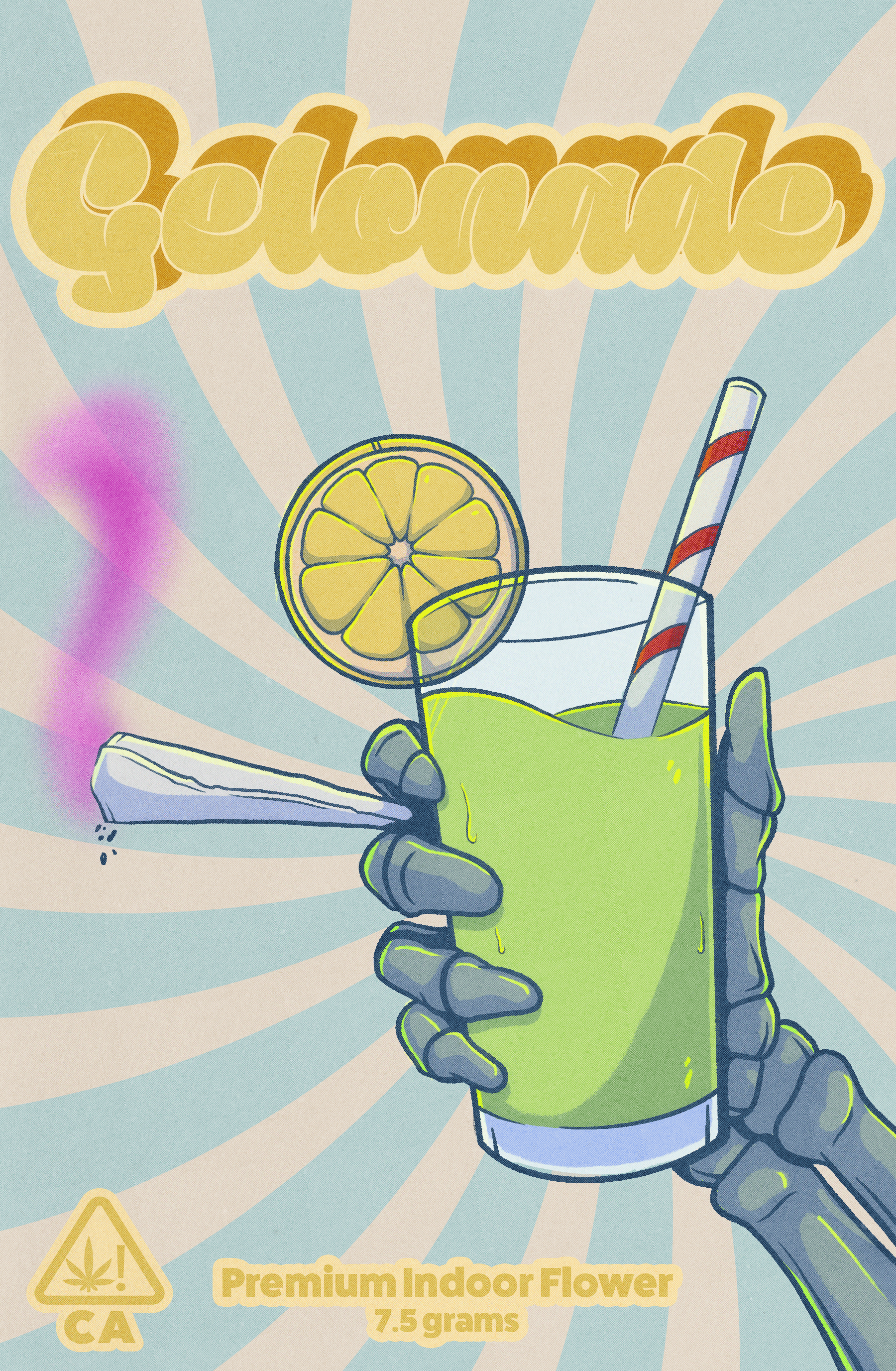 A futuristic robot hand holding a green cup with a lemon slice and striped straw, set against a stylized background with radiating lines and text reading 'Gourmet' and 'Premium Indoor Flower 7.5 grams' with a cannabis warning symbol.