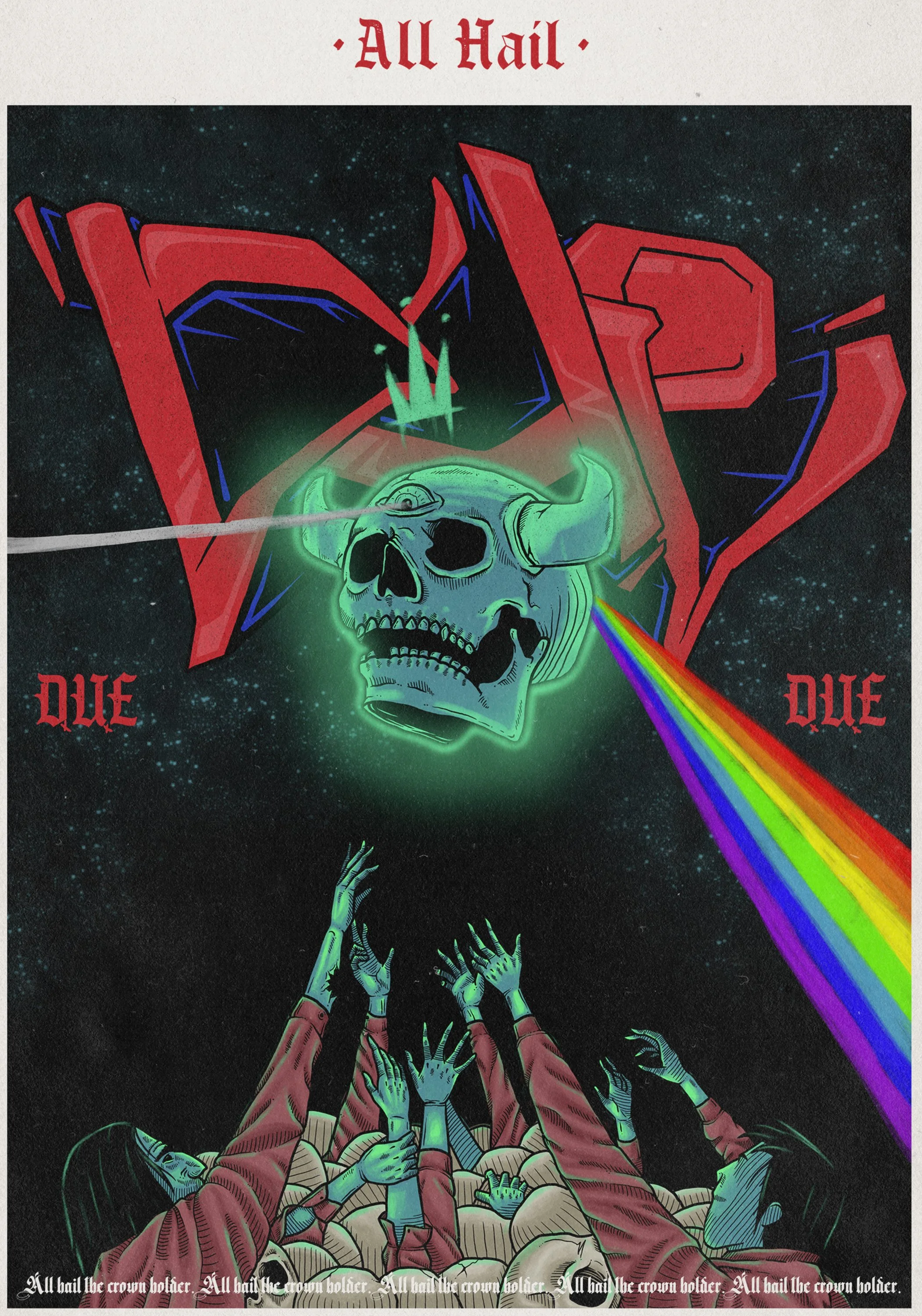 A dark space-themed illustration featuring a large skeletal head with a rainbow laser beam shooting from its eyes. Multiple skeletons reach upward toward the skull, while some have robotic or mechanical arms. The top has the text 'All Hail' in red Go