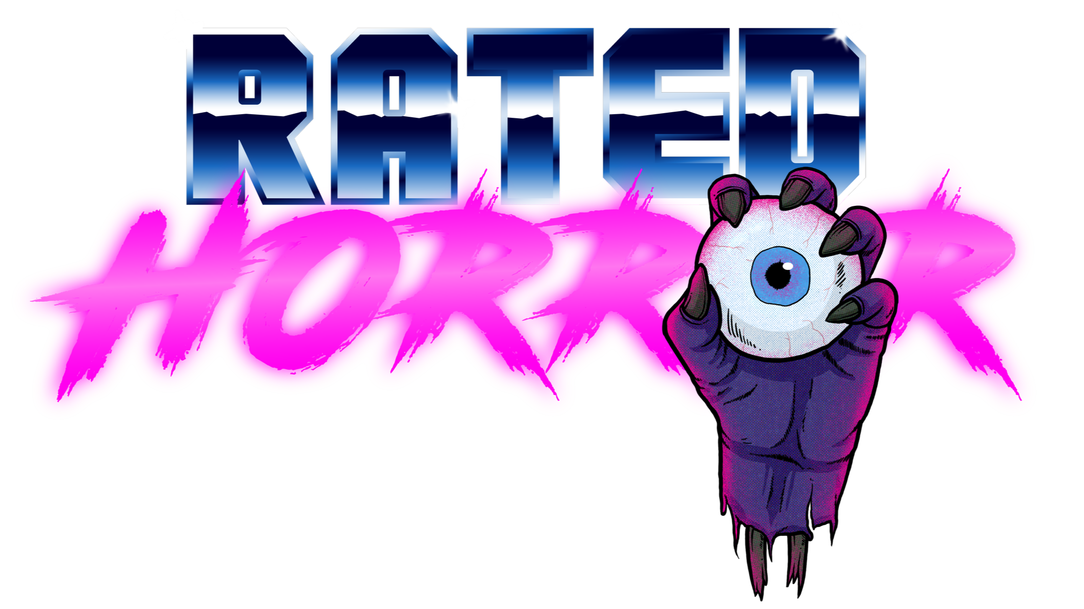 Retro-style graphic with bold blue and pink text reading 'Rated Horror' and a cartoonish purple hand holding a bloody eyeball.