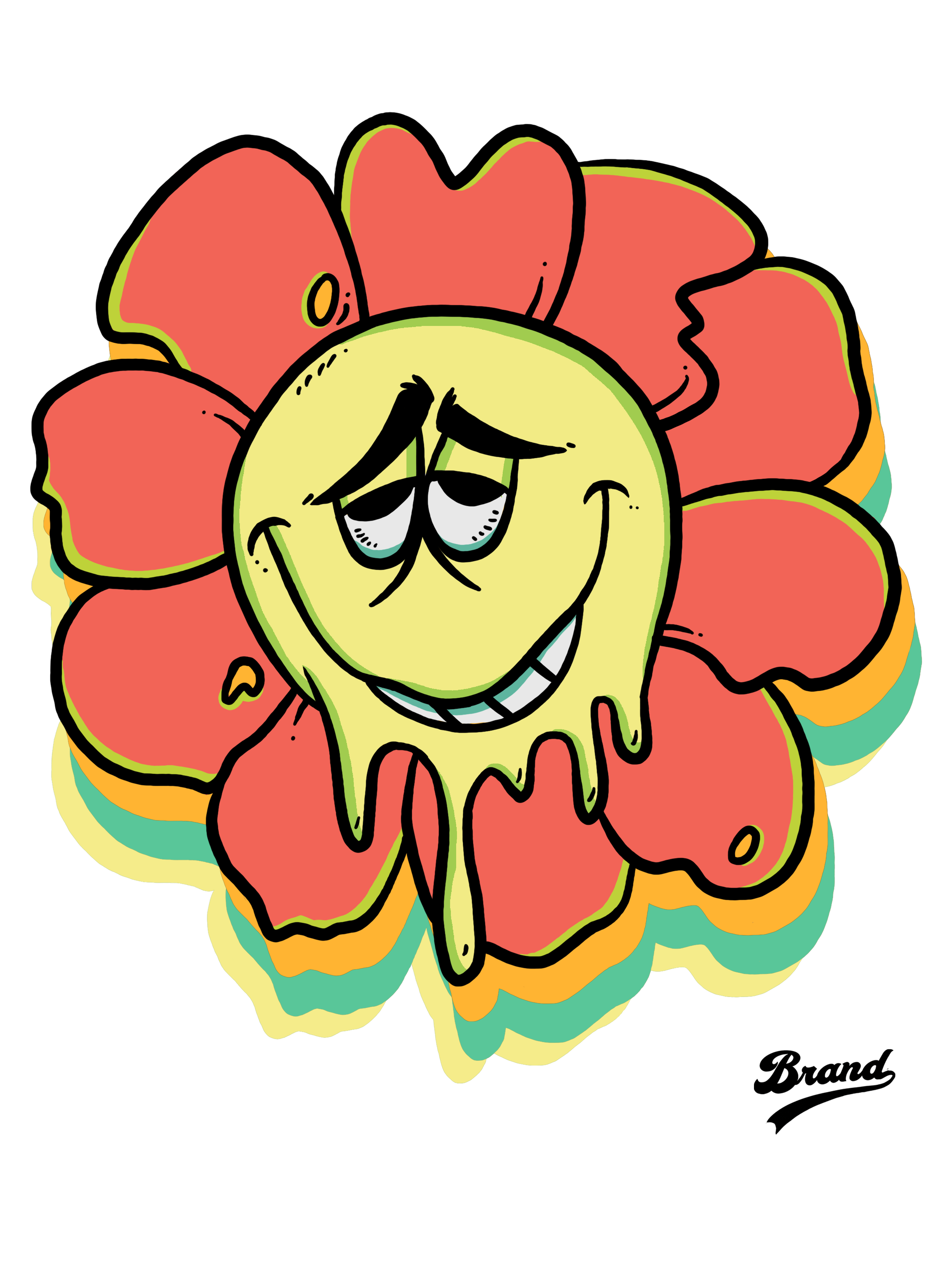 A cartoon illustration of a cheerful yellow lemon with a smiling face, set against a background of large, colorful flower petals in shades of red, pink, orange, yellow, green, and blue.
