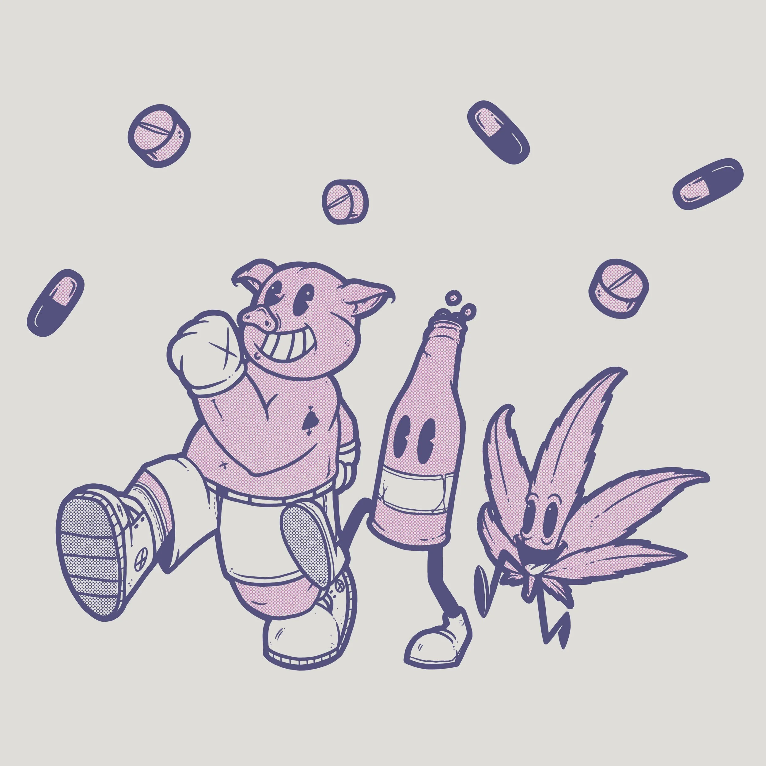 A cartoon illustration of a pink dinosaur with an open mouth, standing next to a small cactus, and a happy expression on its face, surrounded by falling purple pills.