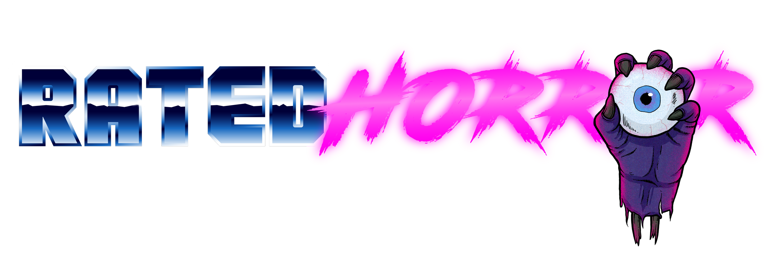 Illustration of the title 'Roted Horror' with stylized text and a cartoon-like hand holding an eyeball with sharp claws