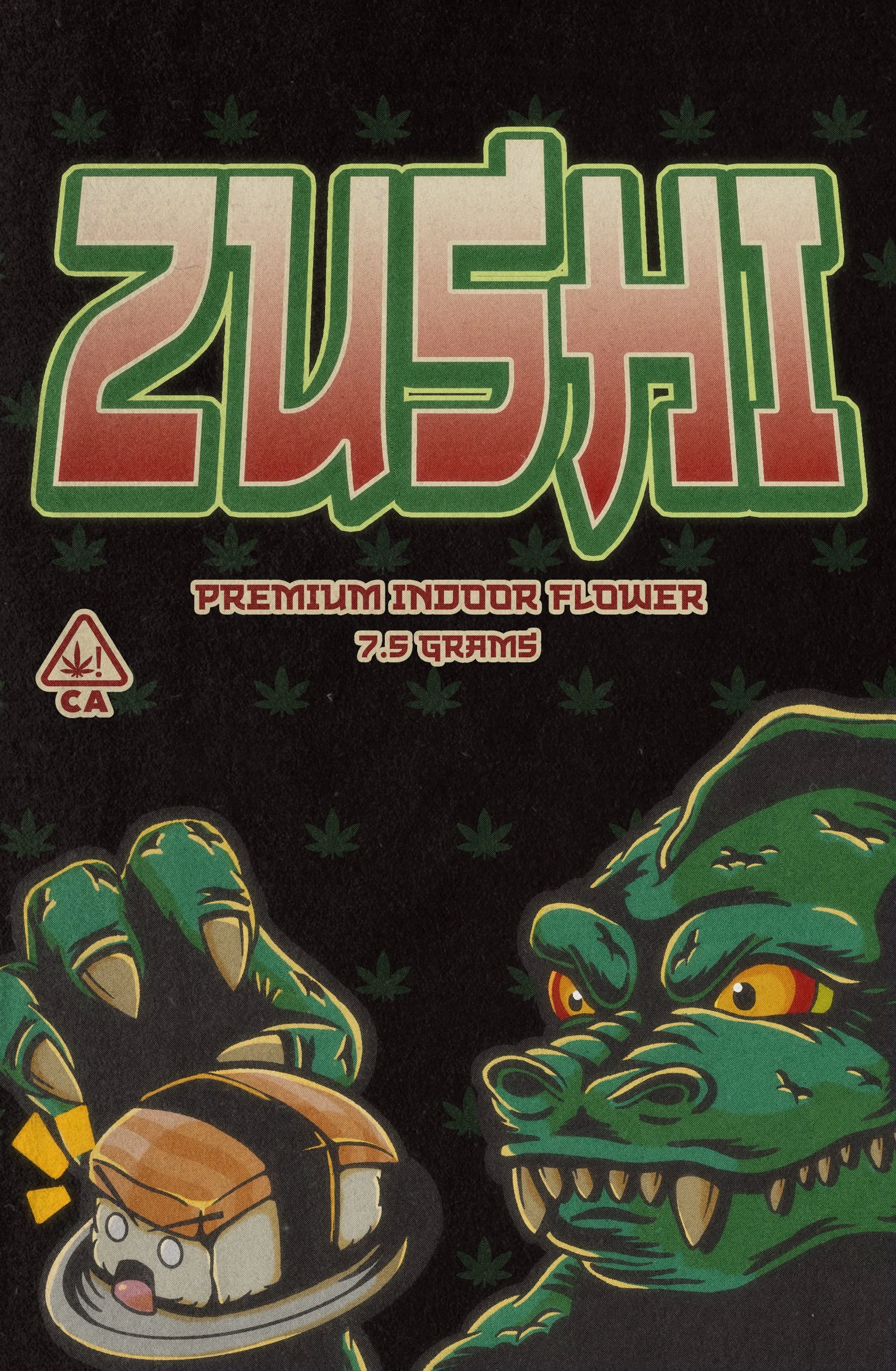 Colorful sticker design featuring a large creature with a dragon-like face and a smaller animal resembling a dog or a Yeti on a black background with green cannabis leaves. Text indicates it is a premium indoor flower weighing 7.5 grams, with a cauti
