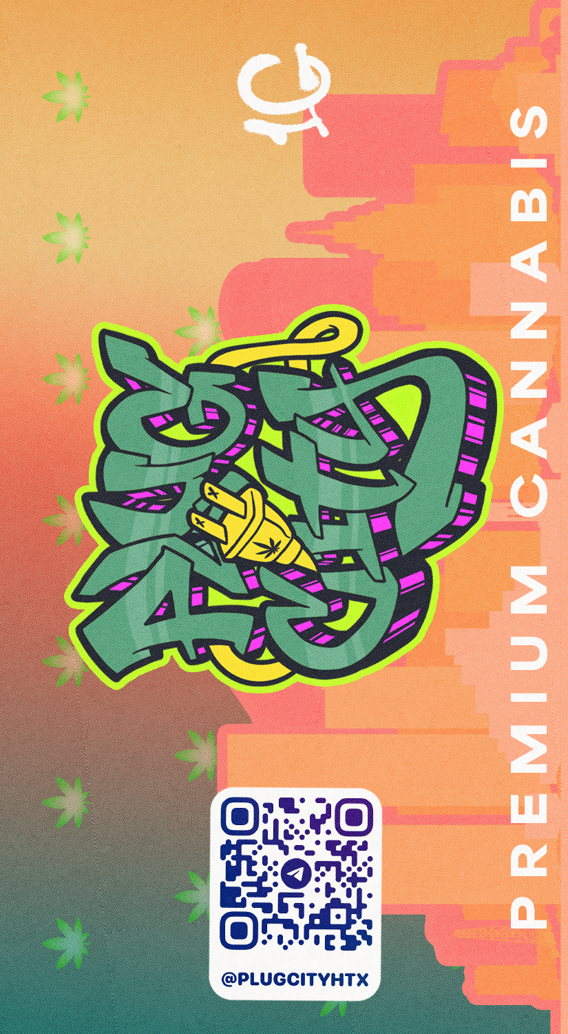 Colorful promotional card for cannabis awareness by Plug City, featuring graffiti-style artwork of a marijuana leaf with a yellow hand giving a peace sign, set against a cityscape background with cannabis leaves, a QR code, and the website '@PLUGCITY