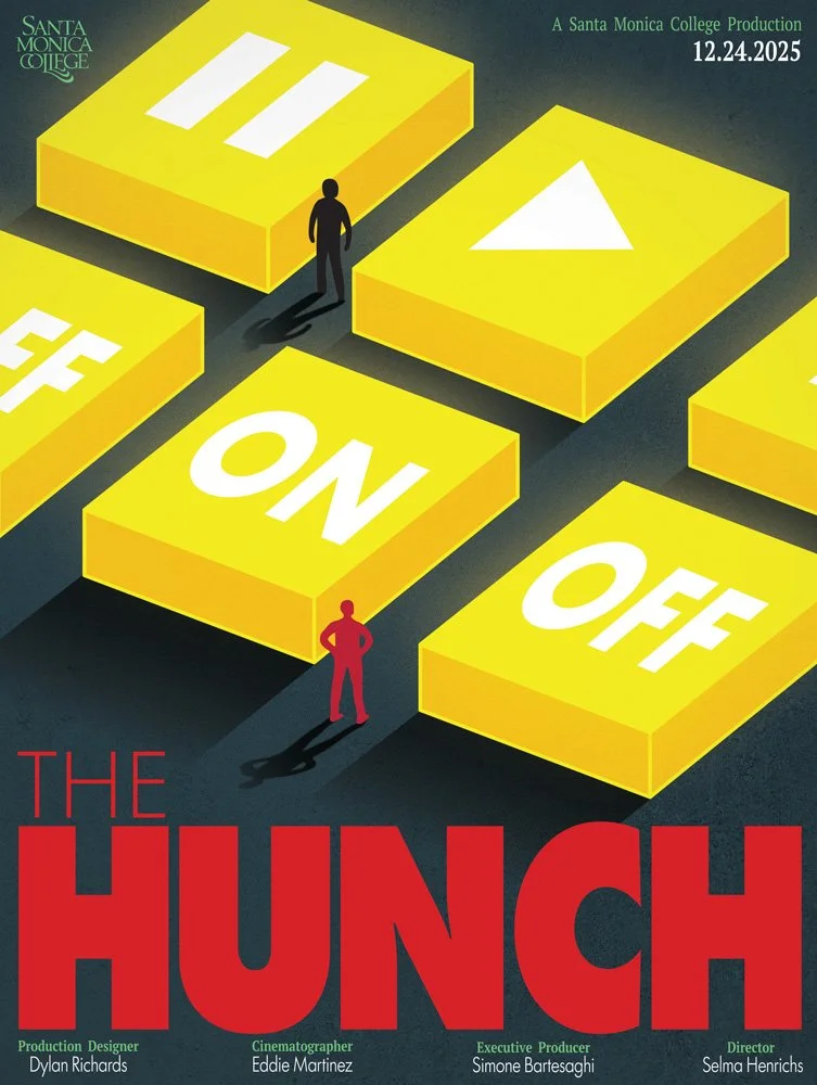 Poster for a college production titled 'The Hunch,' with large yellow blocks containing social media and website icons and the words ON, OFF, and HUNCH. Two small silhouettes, one black and one red, stand on the blocks, with shadows cast behind them.