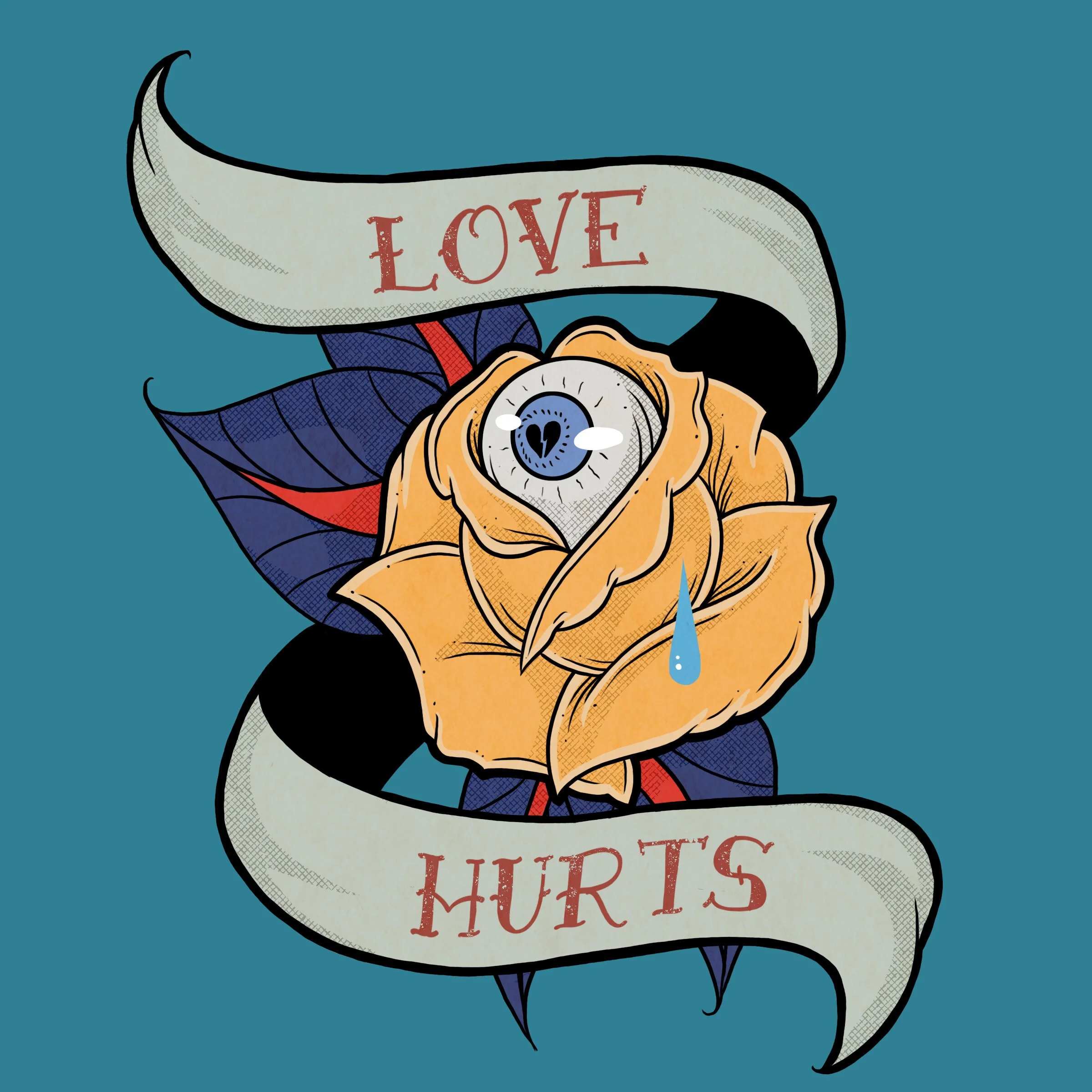 A cartoon illustration of a speech bubble with the word "LOVE" in red letters on a white background, surrounded by a dark outline, and a yellow rose with green leaves at the bottom.