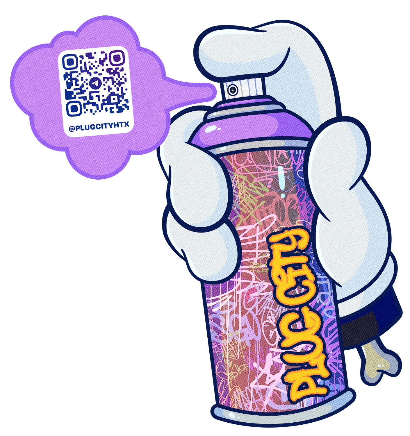 Cartoon of a hand holding a spray can, with colorful graffiti style artwork on the can, and a purple speech bubble featuring a QR code and the text '@PLUGCITYHTX'.