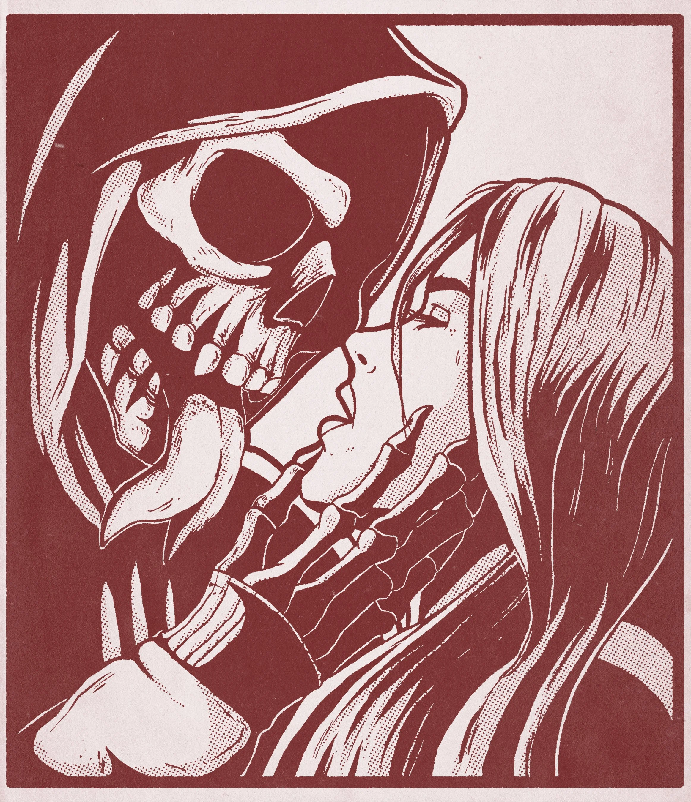 An illustration of Darth Vader and a young girl sharing a tender moment, with the girl touching her face to Darth Vader's helmet.