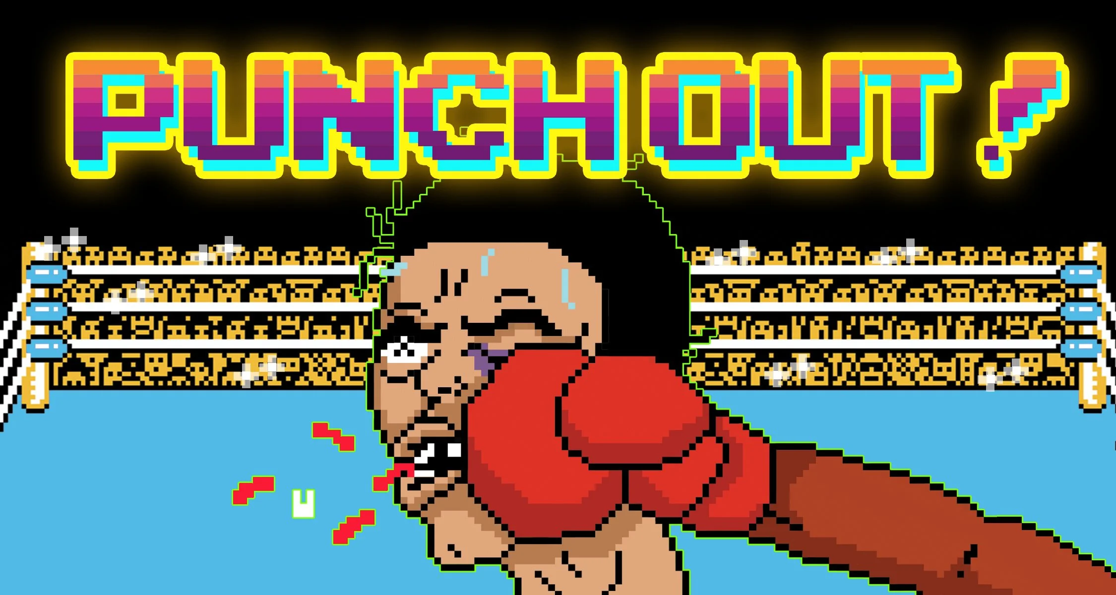Pixel art illustration of a boxer in a red robe kneeling in a boxing ring with a caption above that says 'PUNCH OUT?' in bright, colorful letters.