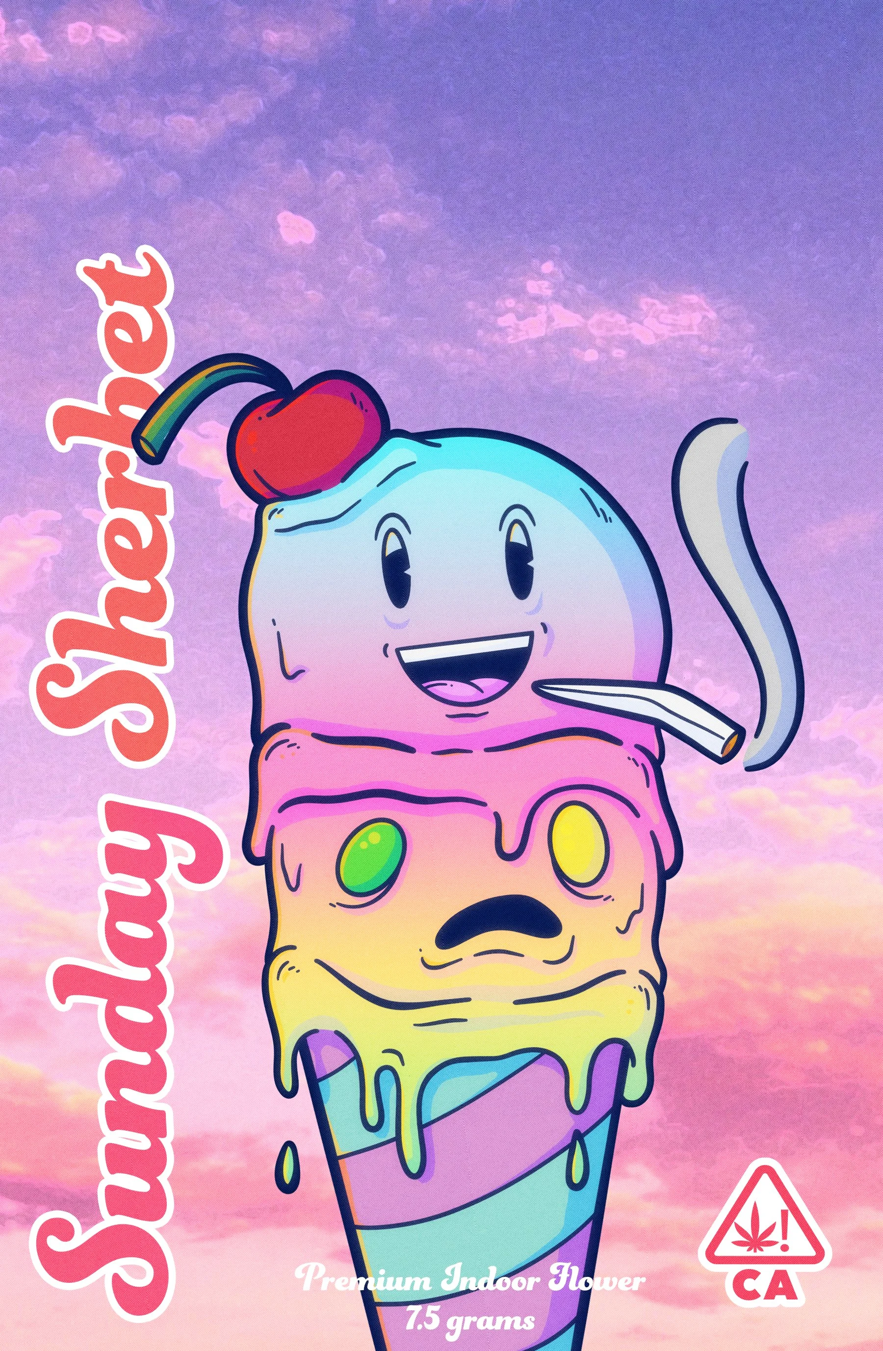 A colorful cartoon ice cream cone with a cherry on top, smiling face, and rainbow ice cream layers, set against a sunset sky background.