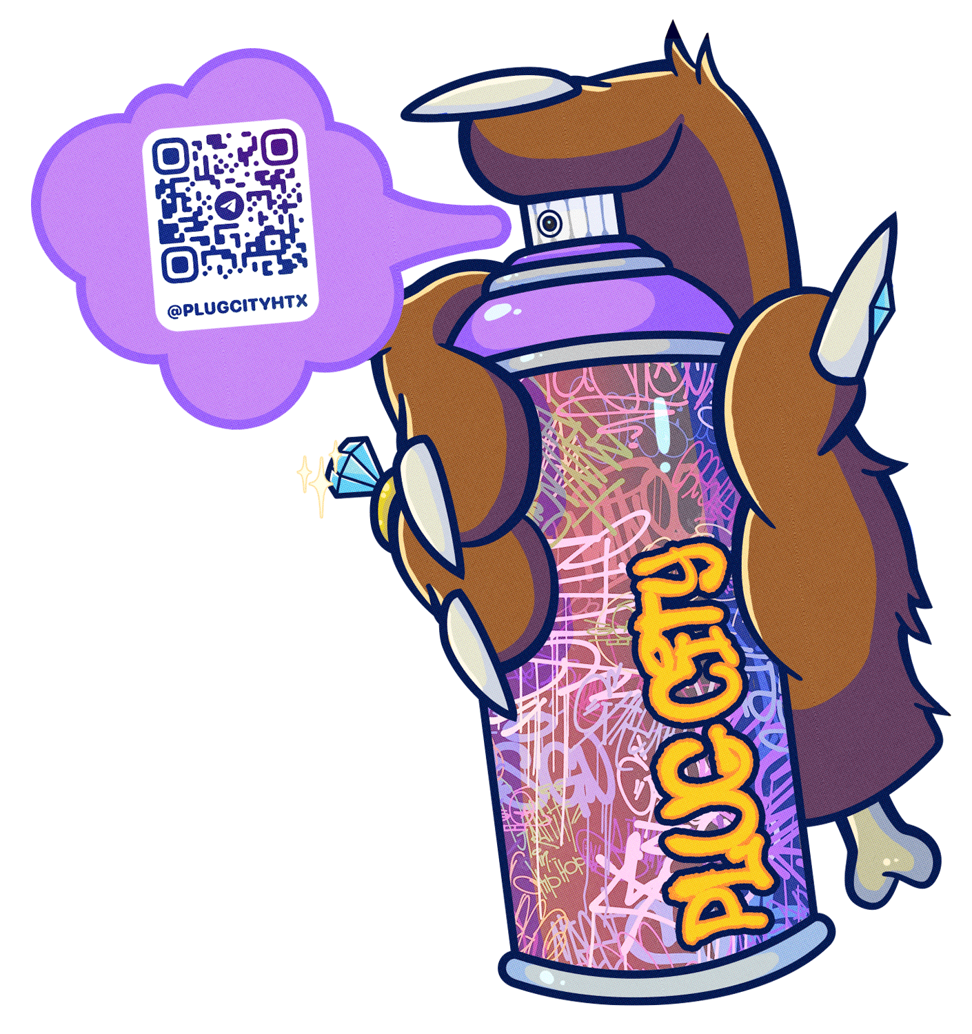 A cartoon horse holding a spray paint can with a QR code and the handle @PLUGCITYHTX, with graffiti-style text on its body.