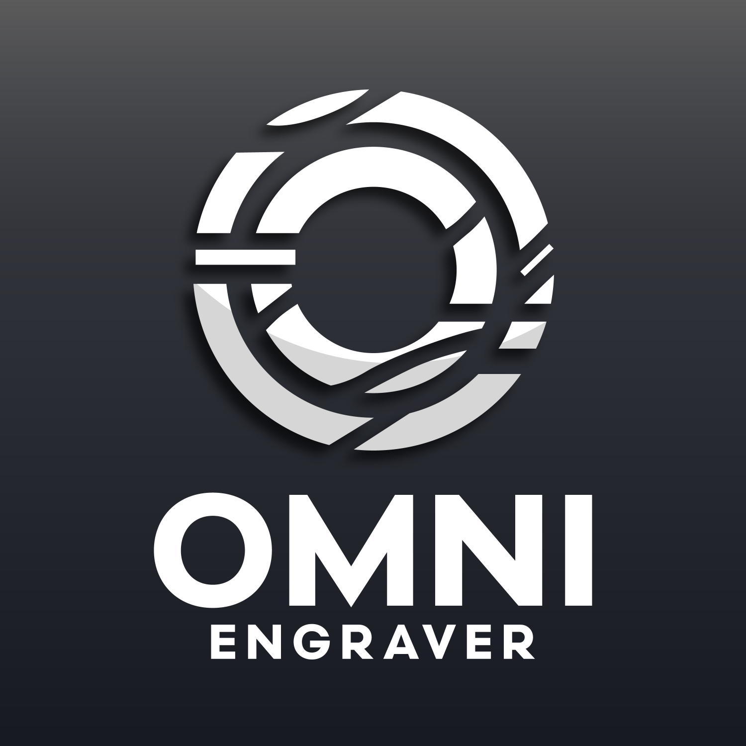 Black background with a white, stylized circular logo resembling interconnected curved lines and shapes. Below the logo, white text reads "OMNI ENGRAVER."
