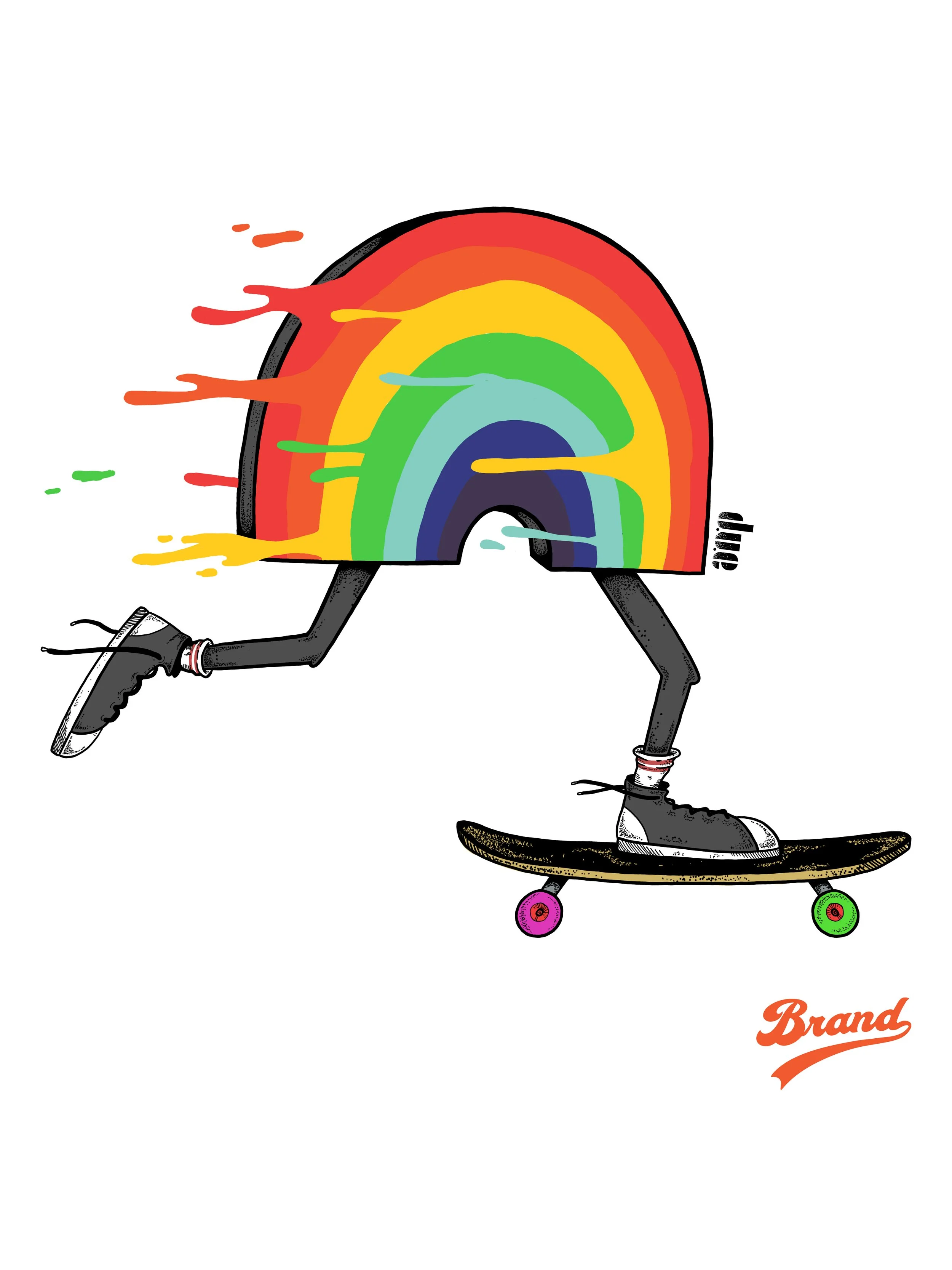 A cartoon illustration of a frog with a rainbow-colored back, wearing black sneakers, skateboarding, with the word 'Brand' in orange cursive text in the bottom right corner.