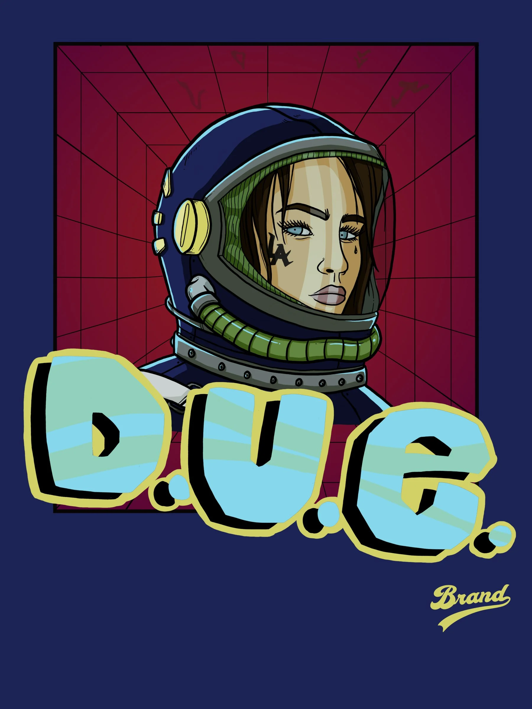 A cartoon-style woman in a space helmet with a tear on her cheek and tattoos on her face, raising her fist in front of a red grid background. The words 'NYC' are stylized at the bottom right in yellow.