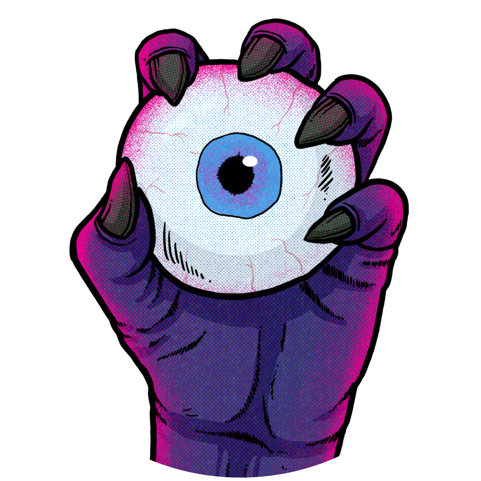 A person wearing purple gloves holding an eyeball against a black background.