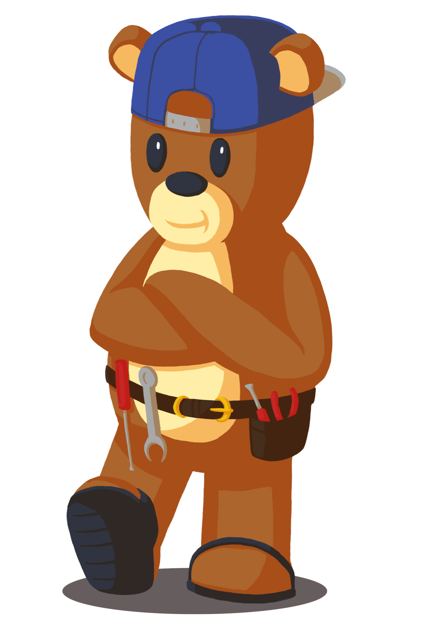 Cartoon bear dressed as a handyman with a blue baseball cap, brown overalls, tools in a belt, and one foot on a rock.